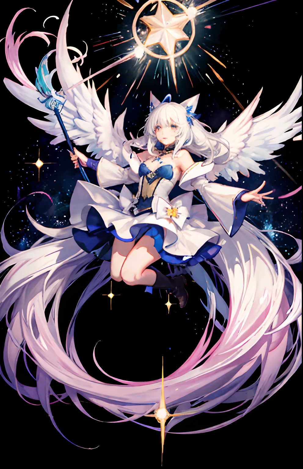 ((magical girl)), ((gorgeous starry sky background)), ((ultra-detailed)), ((best illustration)), ((cinematic lighting)), dynamic angle, floating, finely detailed, (glitter:1.2), (sparkle:1.2), (shine:1.2), classic, (painting:1.1), (sketch:1.1), (best quality), (masterpiece:1.2), (anime style), (solo), beautiful detailed face, (cute face:1.3), (big eyes:1.3), colorful hair, (long hair:1.2), (floating hair:1.2), (magical girl outfit), detailed outfit, (sparkling wand:1.3), (magical effects:1.3), (flowing skirt:1.2), (cute boots:1.1), (transparent fabric:1.1), (twinkle:1.2), (glow:1.2), (radiance:1.2), (flicker:1.2), (dazzle:1.2)