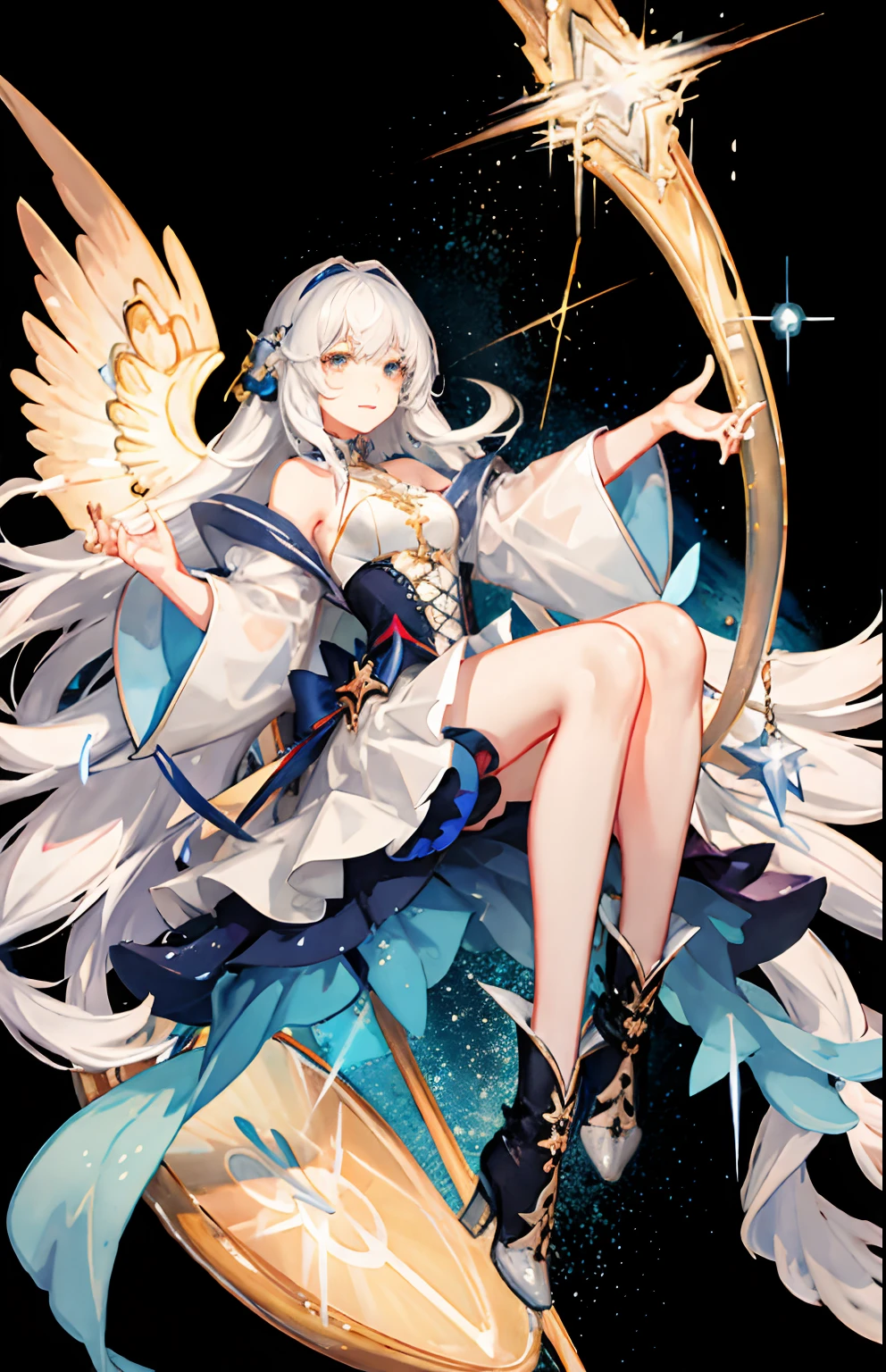 ((magical girl)), ((gorgeous starry sky background)), ((ultra-detailed)), ((best illustration)), ((cinematic lighting)), dynamic angle, floating, finely detailed, (glitter:1.2), (sparkle:1.2), (shine:1.2), classic, (painting:1.1), (sketch:1.1), (best quality), (masterpiece:1.2), (anime style), (solo), beautiful detailed face, (cute face:1.3), (big eyes:1.3), colorful hair, (long hair:1.2), (floating hair:1.2), (magical girl outfit), detailed outfit, (sparkling wand:1.3), (magical effects:1.3), (flowing skirt:1.2), (cute boots:1.1), (transparent fabric:1.1), (twinkle:1.2), (glow:1.2), (radiance:1.2), (flicker:1.2), (dazzle:1.2)