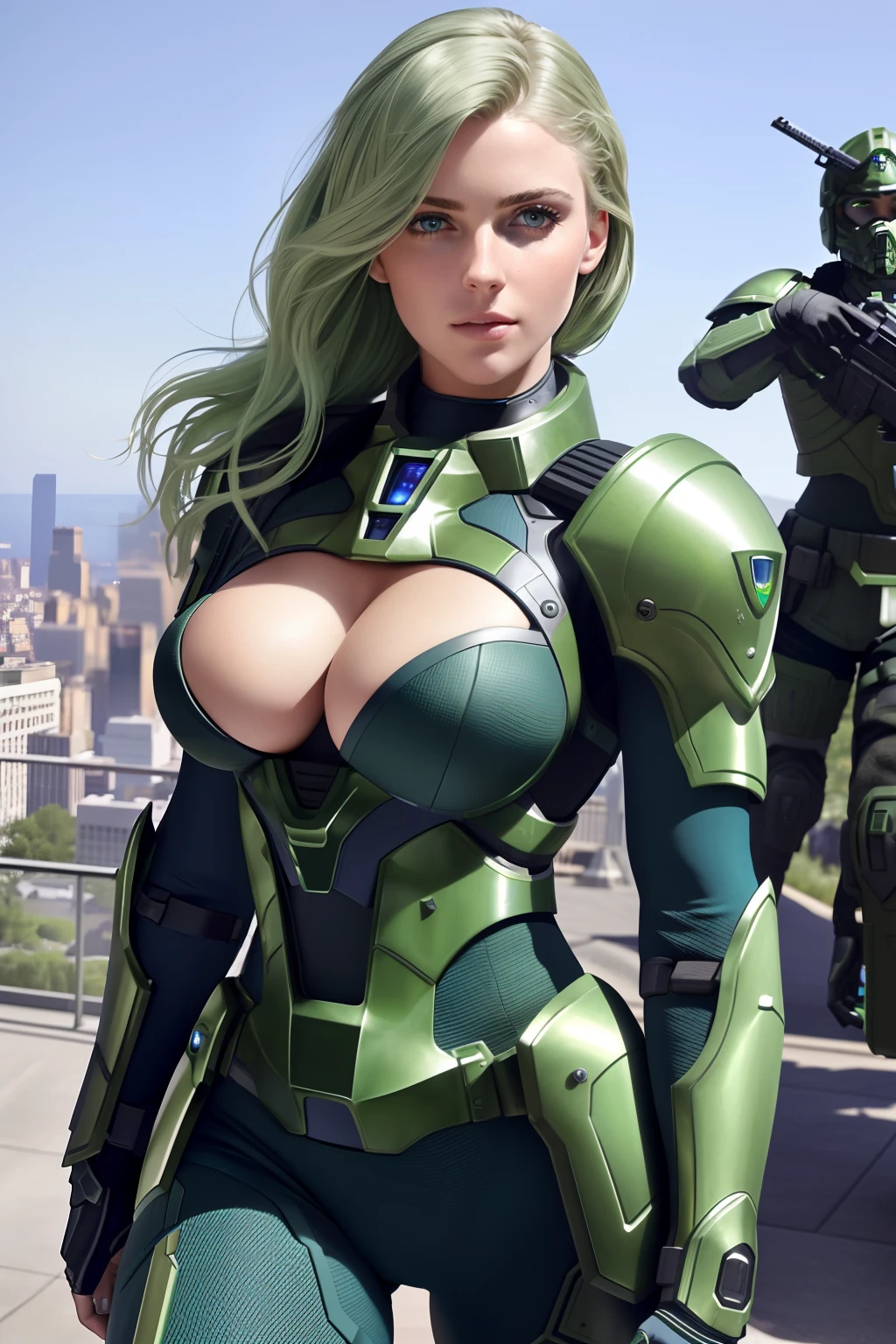 (extremely detailed photo 8k), full body shot photo of the most beautiful artwork, beautiful woman soldier, green hair, cleavage, wearing intricate advanced futuristic blue power armor, propped up on one elbow, cinematic lighting, very detailed face and eyes, park in background, high quality photo
