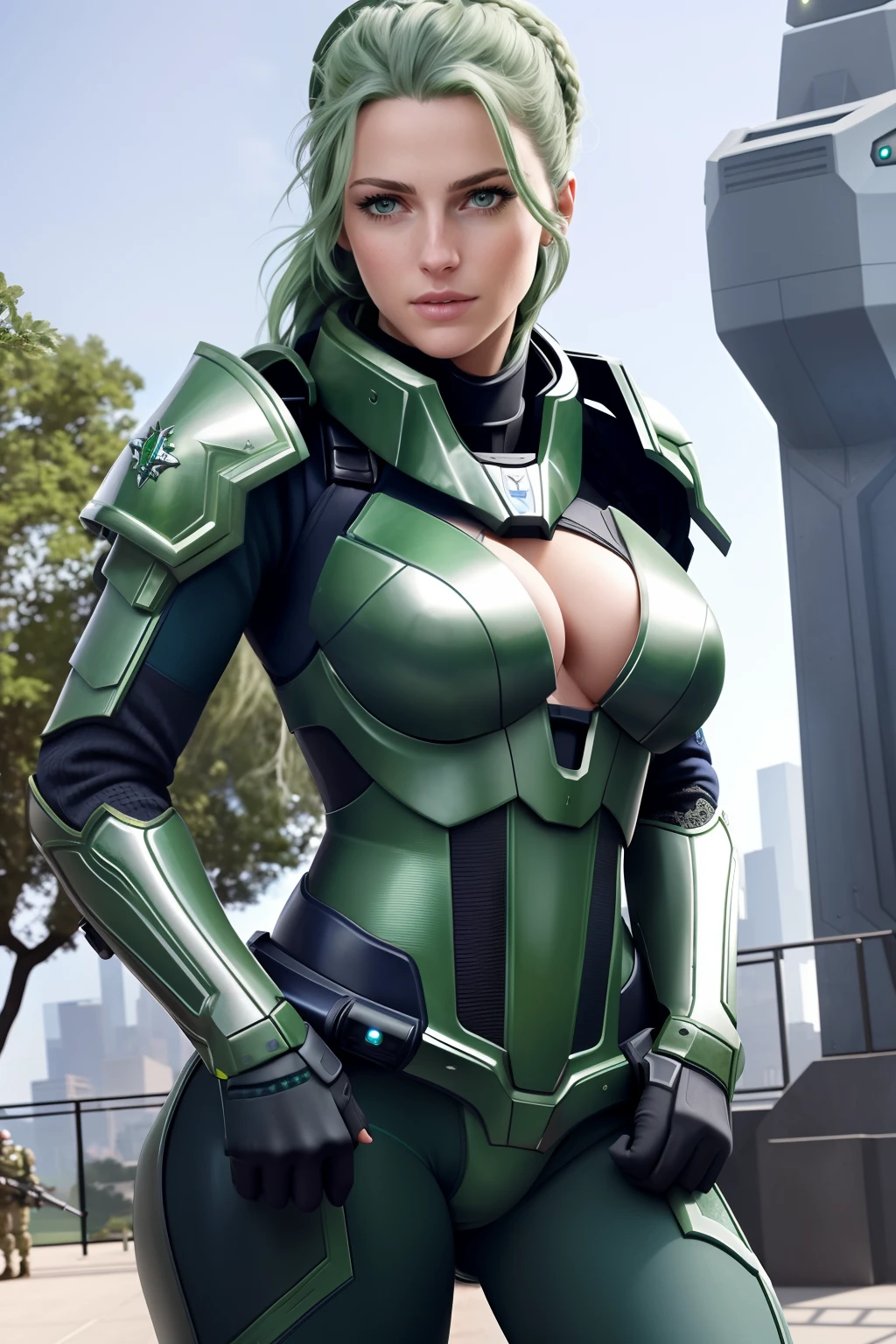 (extremely detailed photo 8k), full body shot photo of the most beautiful artwork, beautiful woman soldier, green hair, cleavage, wearing intricate advanced futuristic blue power armor, propped up on one elbow, cinematic lighting, very detailed face and eyes, park in background, high quality photo