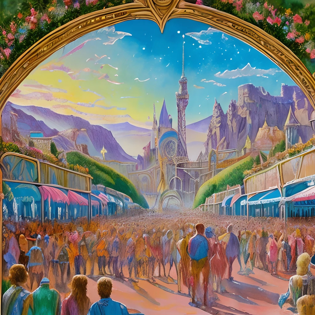hyperrealism colorful watercolored pencil:: amazing epic alien world Parisian Rococo Tomorrowland theme park in the mountains, style of Robert McCall and Jean Giraud Moebius and Craig Mullins, highly detailed, dynamic, expressive, clean lines, cinematic, stunning, realistic lighting and shading , vivid, vibrant