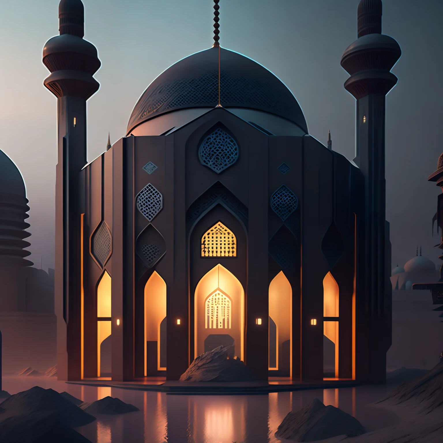 Cyberpunk mosque in a dystopian future