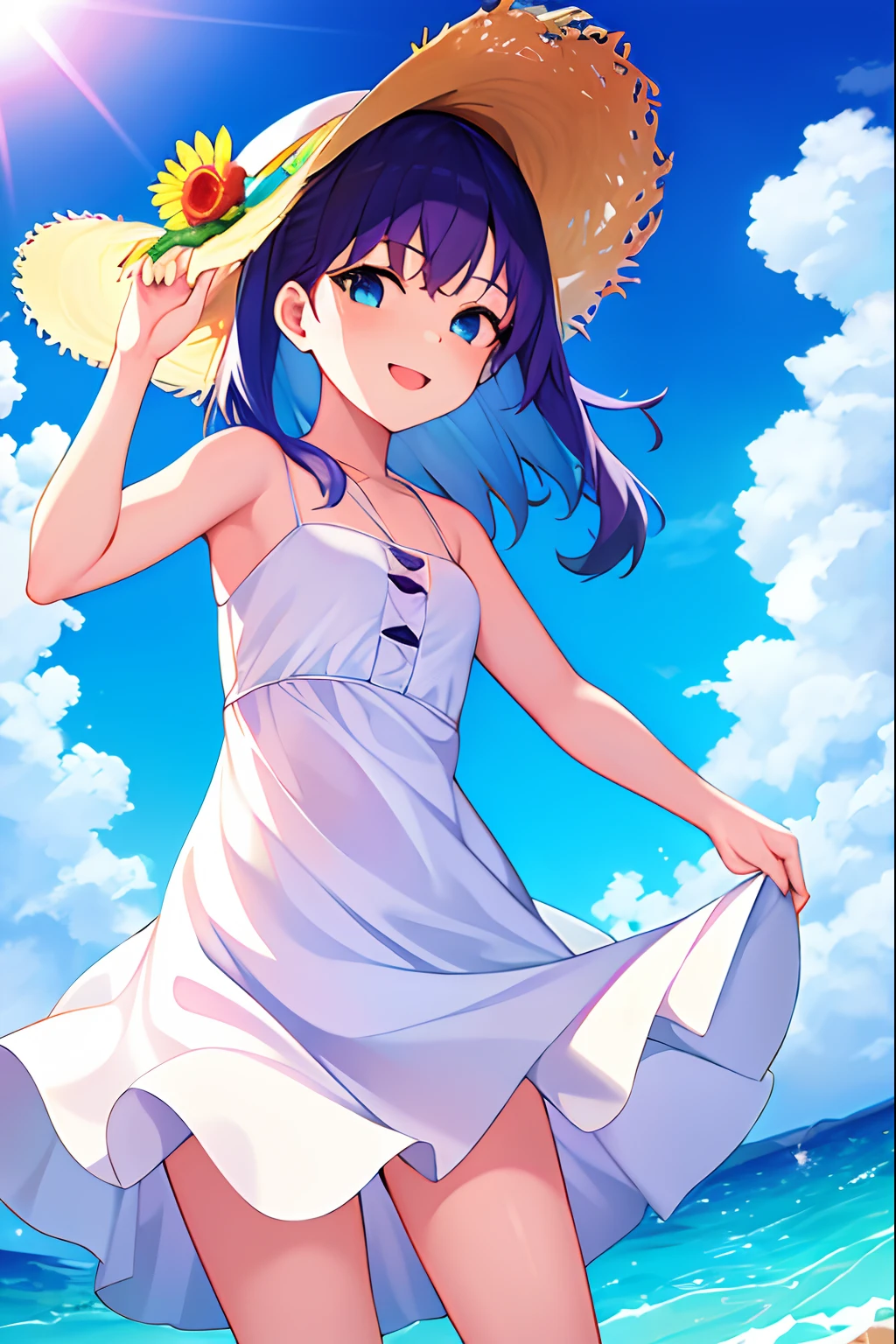 absurdres, 1girl, ocean, railing, white dress, sun hat, smile, waving