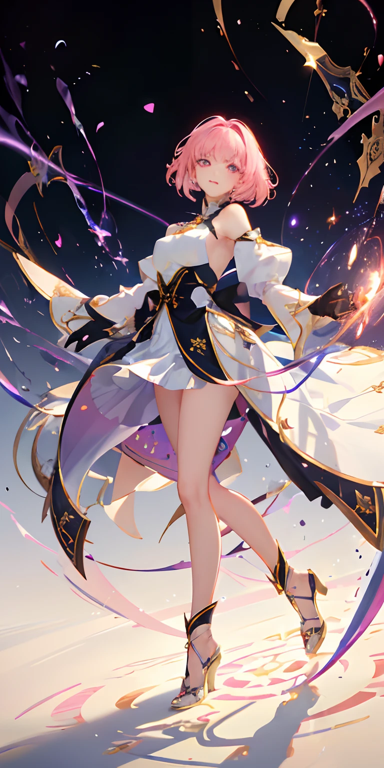 (Masterpiece, Best Quality, Ultra Detail, Best Shadow), (Pure White Background), (Beautiful Detail Face), High Contrast, (Best Lighting, Extremely Delicate and Beautiful), ((Cinematic Light)), Bright Colors, Hyperdetail, Intricate Detail, Standing Painting (1 Girl, Solo, Full Body, Front, Pink Hair, Sharp Face, Short Hair, Fluorescent Long Coat (Broken Glass), Red Eyes, Hair Between Eyes, Dynamic Angle), Shimmer Rotating Around the Character, Purple Light Particles, Magic Circle,