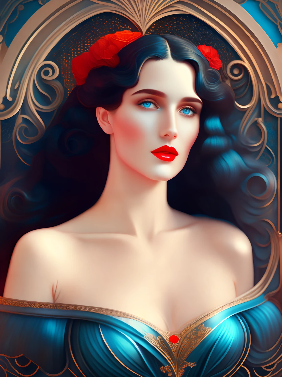 Art Deco style, alphonse mucha style, portrait of a beautiful woman, small breasts, intricate dress, soft smile, red lips, blue eyes, black long hair, messy hair, Long-exposure, Arabesque, Custom Bokeh