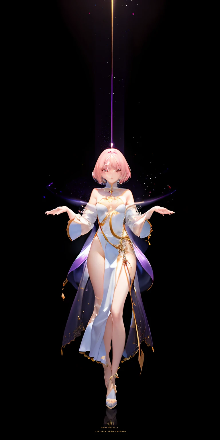 (Masterpiece, Best Quality, Ultra Detail, Best Shadow), (White Background), (Beautiful Detail Face), (Best Lighting, Extremely Delicate and Beautiful), (Cinematic Light)), Bright Colors, Ultra Detail, Intricate Detail, Standing Painting (1 Girl, Solo, Full Body, Front, Pink Hair, Sharp Face, Short Hair, Fluorescent Long Coat (Broken Glass), Frock Costume, Red Eyes, Hair Between Eyes, Dynamic Angle), Shimmer Rotating Around the Character, Purple Light Particles, Magic Circle ，