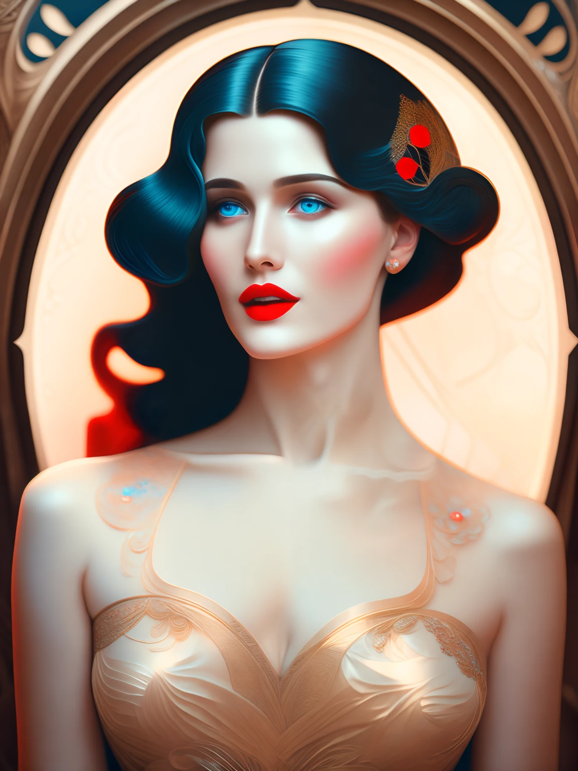 Art Deco style, alphonse mucha style, portrait of a beautiful woman, small breasts, intricate dress, soft smile, red lips, blue eyes, black long hair, messy hair, Long-exposure, Arabesque, Custom Bokeh