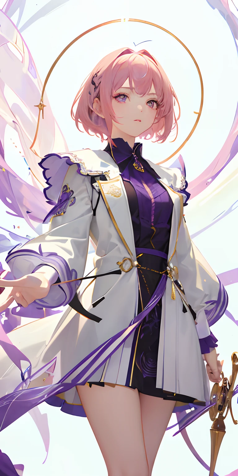 (Masterpiece, Best Quality, Ultra Detail, Best Shadow), (White Background), (Beautiful Detail Face), High Contrast, (Best Lighting, Extremely Delicate and Beautiful), (Cinematic Light)), Bright Colors, Hyperdetail, Intricate Detail, Standing Painting (1 Girl, Solo, Front, Pink Hair, Sharp Face, Short Hair, Fluorescent Long Coat (Broken Glass), Workwear Costume, Red Eyes, Hair Between Eyes), Shimmer Swirling Around Character, Purple Light Particles, Magic Circle,