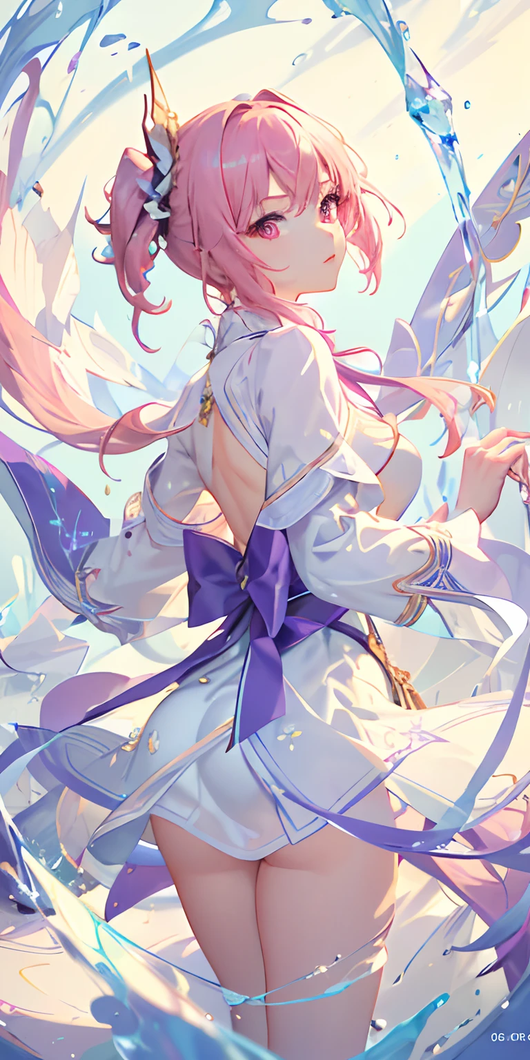 (Masterpiece, Best Quality, Ultra Detail, Best Shadow), (White Background), (Beautiful Detail Face), High Contrast, (Best Lighting, Extremely Delicate and Beautiful), (Cinematic Light)), Bright Colors, Hyperdetail, Intricate Detail, Standing Painting (1 Girl, Solo, Front, Pink Hair, Sharp Face, Short Hair, Fluorescent Long Coat (Broken Glass), Workwear Costume, Red Eyes, Hair Between Eyes), Shimmer Swirling Around Character, Purple Light Particles, Magic Circle,