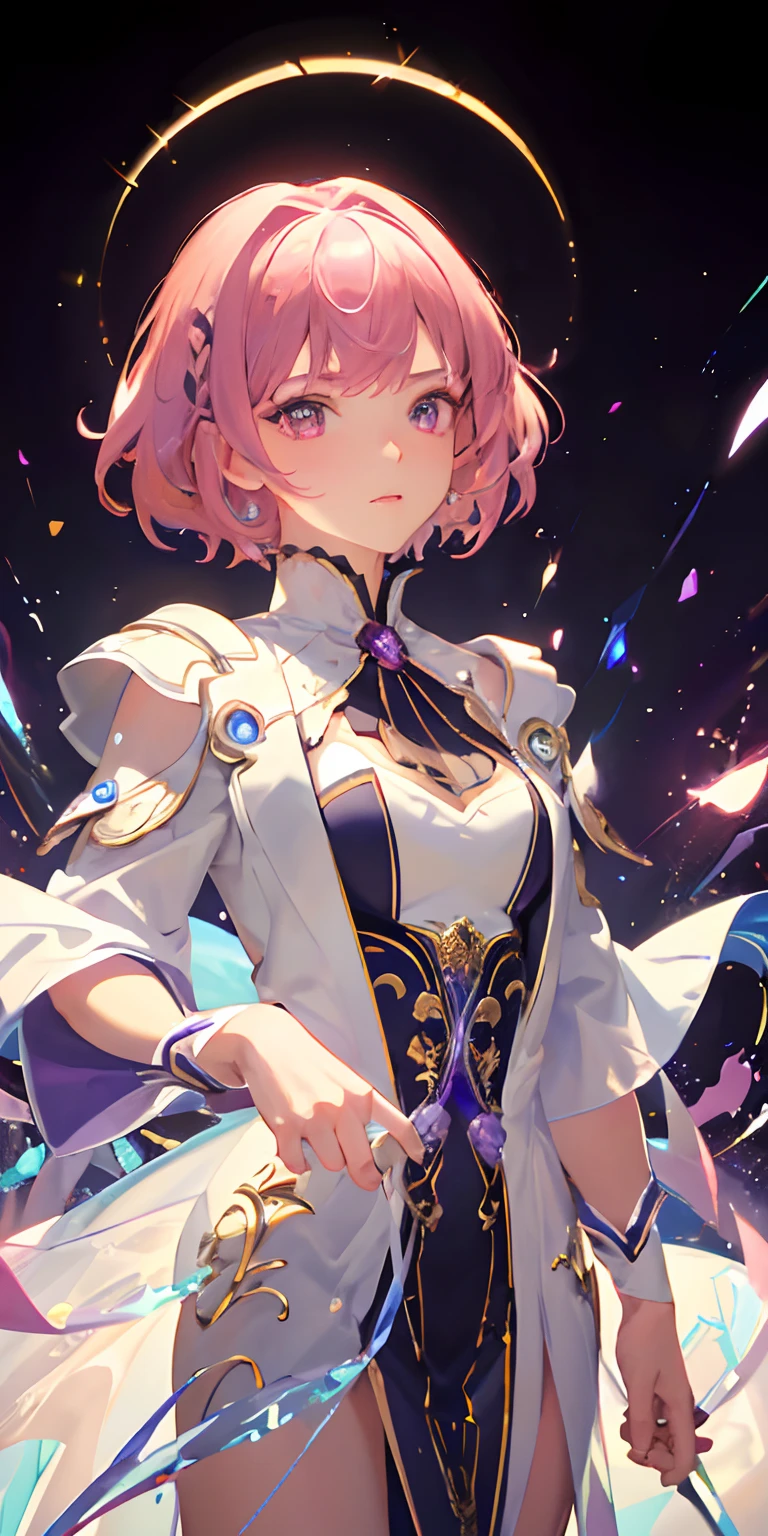 (Masterpiece, Best Quality, Ultra Detail, Best Shadow), (White Background), (Beautiful Detail Face), High Contrast, (Best Lighting, Extremely Delicate and Beautiful), (Cinematic Light)), Bright Colors, Hyperdetail, Intricate Detail, Standing Painting (1 Girl, Solo, Front, Pink Hair, Sharp Face, Short Hair, Fluorescent Long Coat (Broken Glass), Workwear Costume, Red Eyes, Hair Between Eyes), Shimmer Swirling Around Character, Purple Light Particles, Magic Circle,