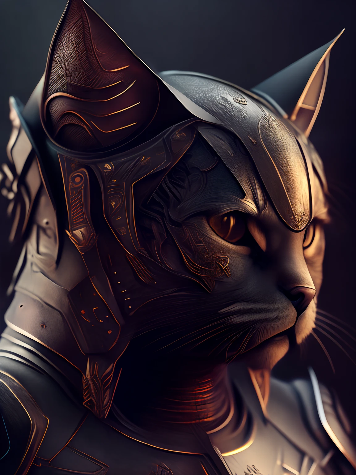 (realistic:1.3), poster,intricate details, ((cinematic light)), cat,hybrid,hyperealistic, scary, dark fantasy \(style\), detailed armor, detailed helmet