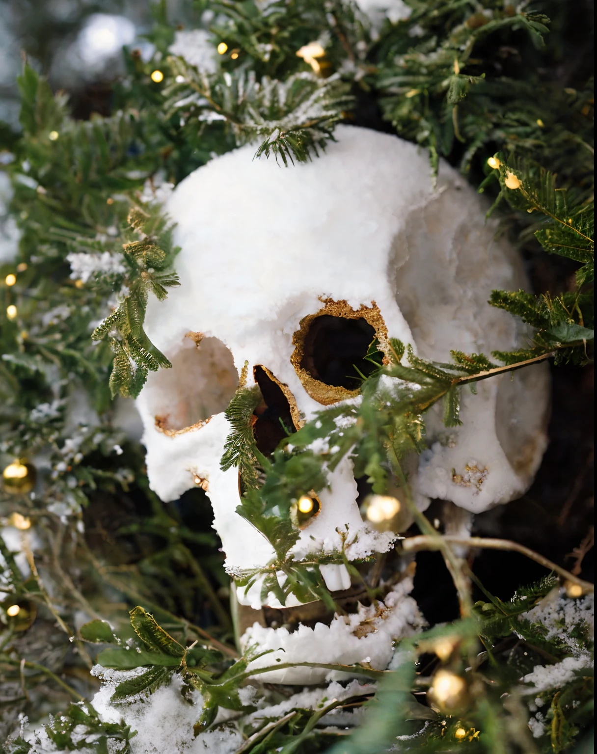 classicnegative photo, a cracked white moldy skull with a gold wreath ornament, overgrown by mold in the dirt, snow, fantasy, 1970s dark fantasy movie, haze, halation, bloom, dramatic atmosphere, centred, rule of thirds