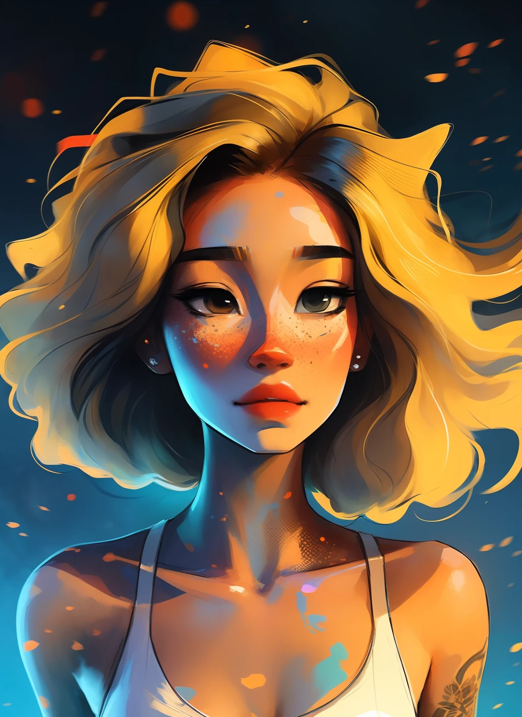 samdoesarts style award winning half body portrait of a beautiful woman in a croptop and cargo pants with ombre navy blue teal hairstyle with head in motion and hair flying, paint splashes, splatter, outrun, vaporware, shaded flat illustration, digital art, trending on artstation, highly detailed, fine detail, intricate