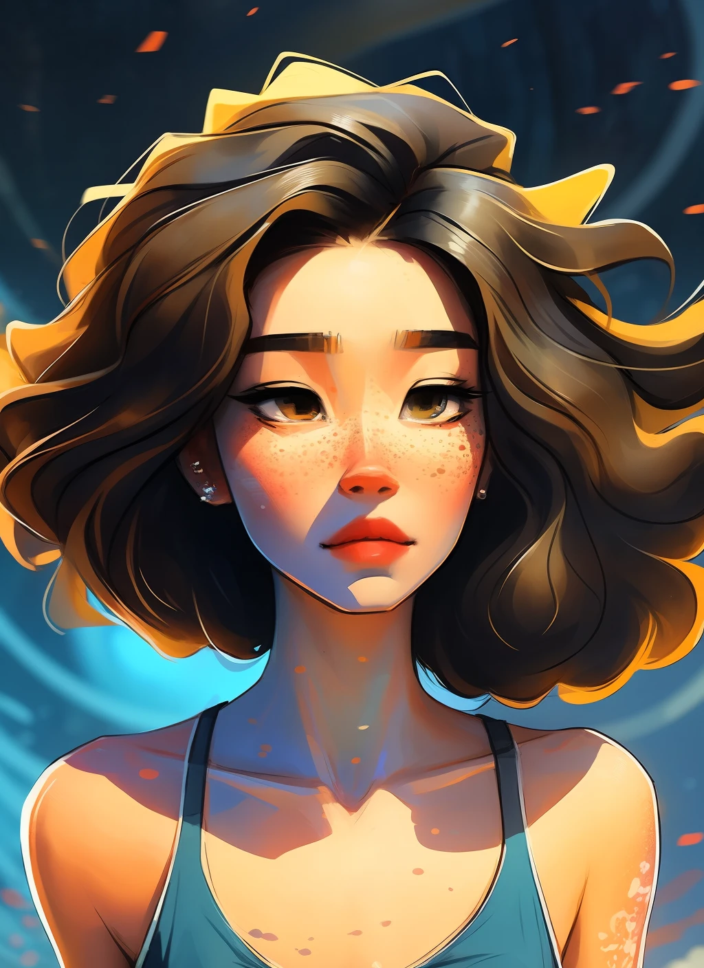 samdoesarts style award winning half body portrait of a beautiful woman in a croptop and cargo pants with ombre navy blue teal hairstyle with head in motion and hair flying, paint splashes, splatter, outrun, vaporware, shaded flat illustration, digital art, trending on artstation, highly detailed, fine detail, intricate
