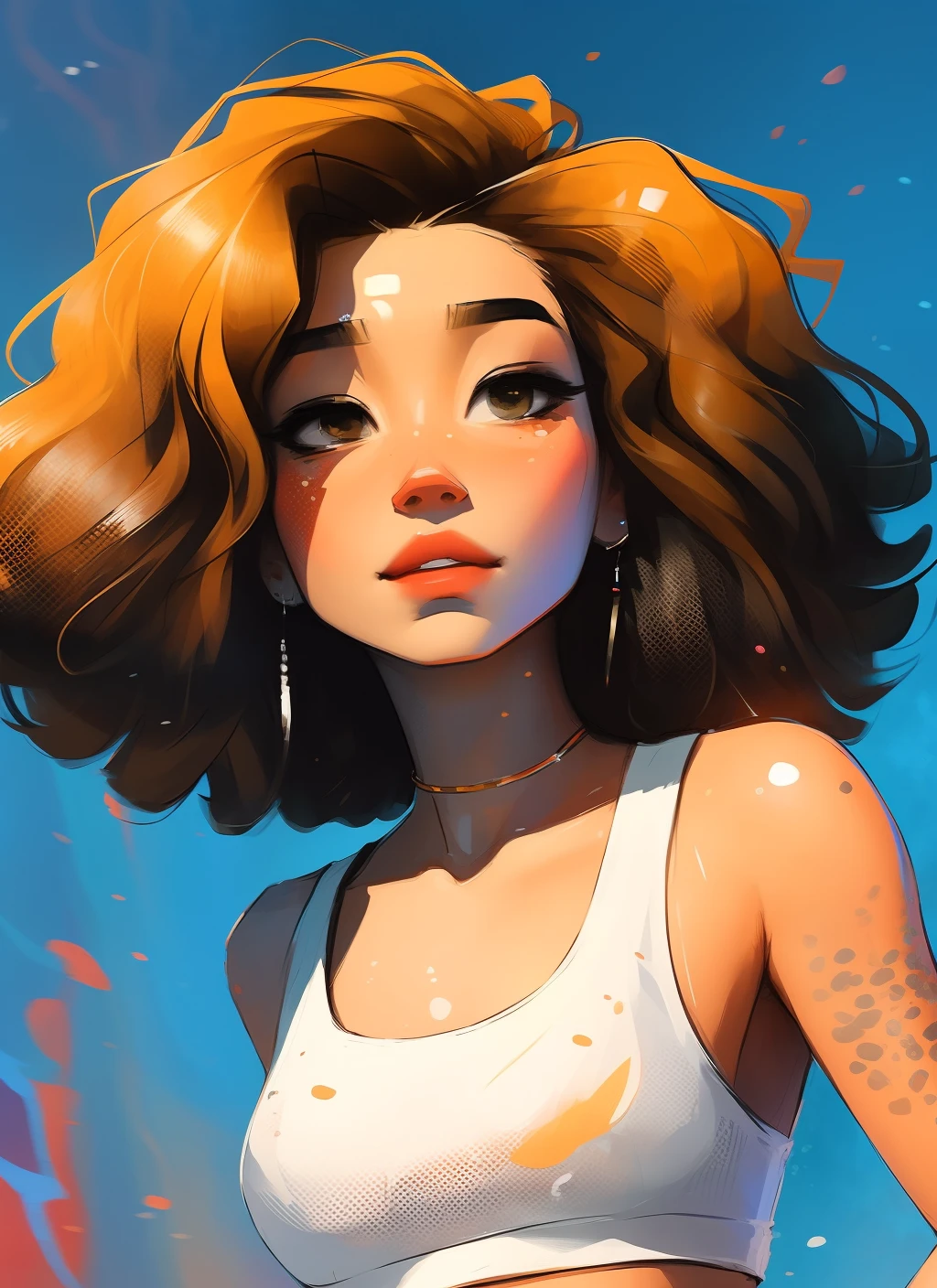 samdoesarts style award winning half body portrait of a beautiful woman in a croptop and cargo pants with ombre navy blue teal hairstyle with head in motion and hair flying, paint splashes, splatter, outrun, vaporware, shaded flat illustration, digital art, trending on artstation, highly detailed, fine detail, intricate