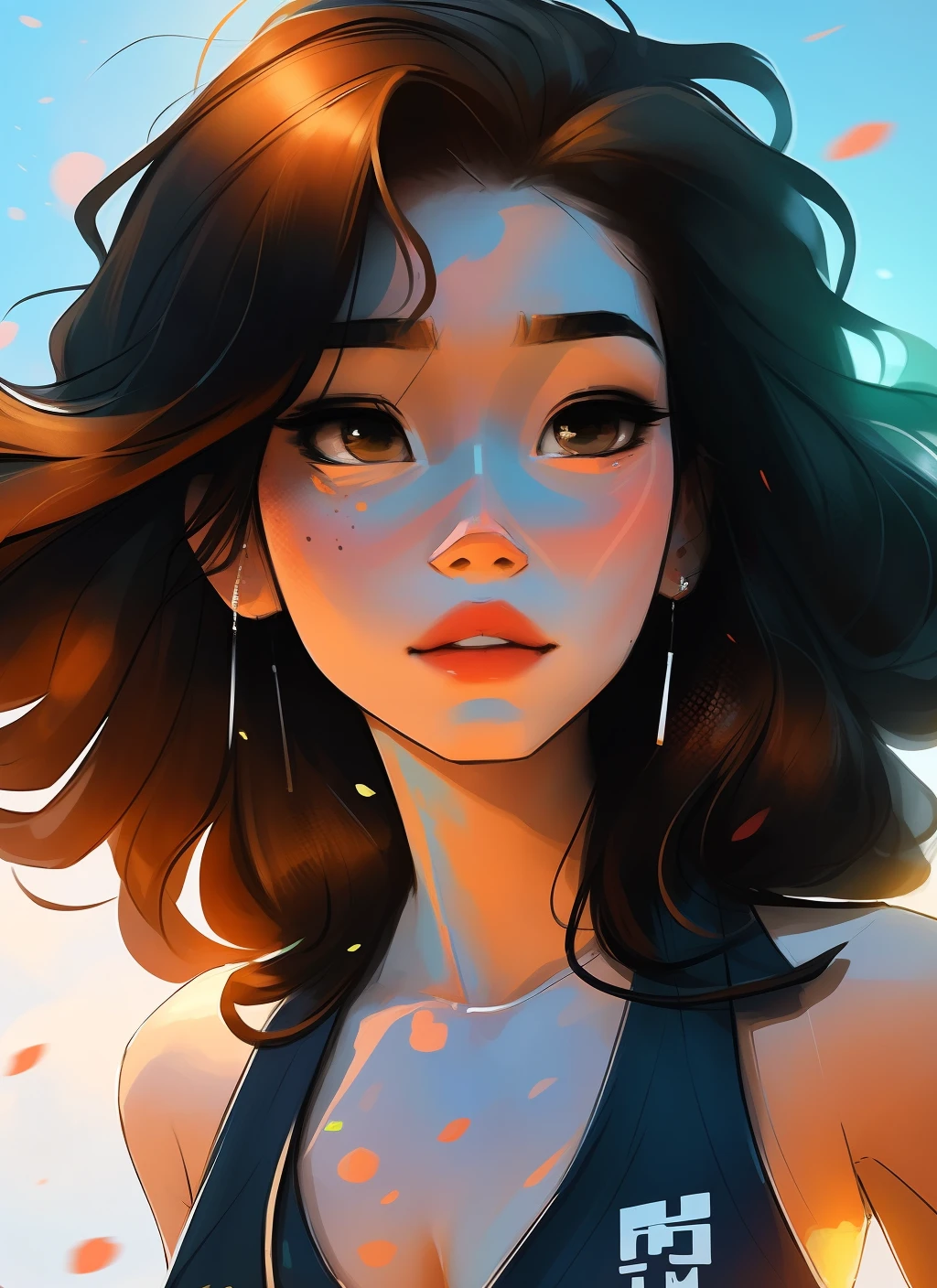 samdoesarts style award winning half body portrait of a beautiful woman in a croptop and cargo pants with ombre navy blue teal hairstyle with head in motion and hair flying, paint splashes, splatter, outrun, vaporware, shaded flat illustration, digital art, trending on artstation, highly detailed, fine detail, intricate