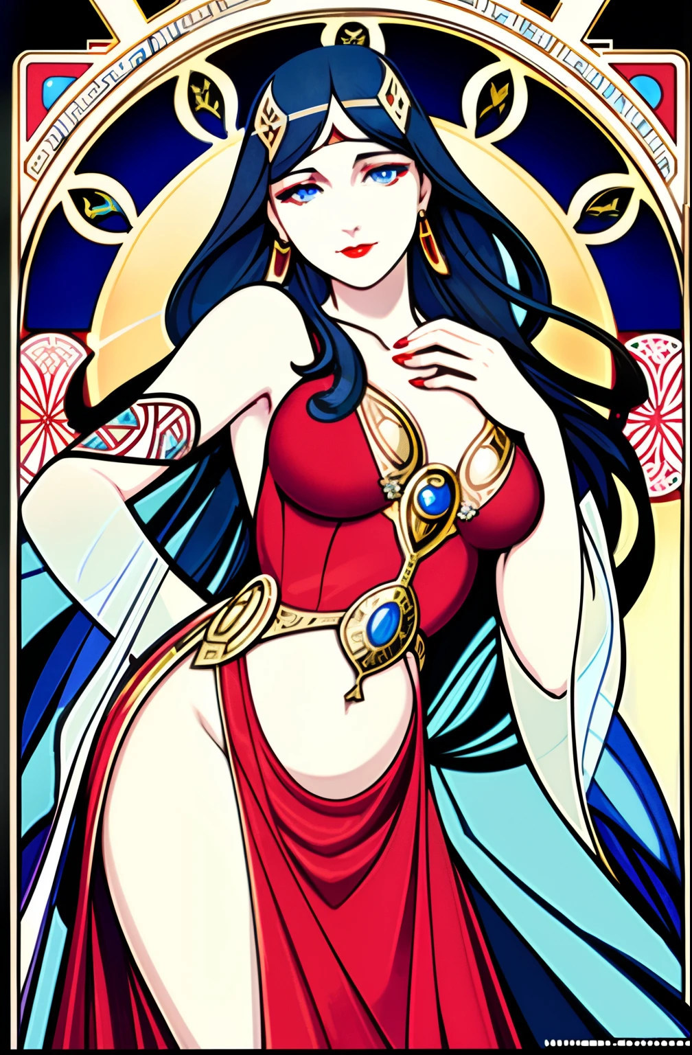 Art Deco style, alphonse mucha style, portrait of a beautiful woman, small breasts, intricate dress, soft smile, red lips, blue eyes, black long hair, messy hair, Long-exposure, Arabesque, Custom Bokeh