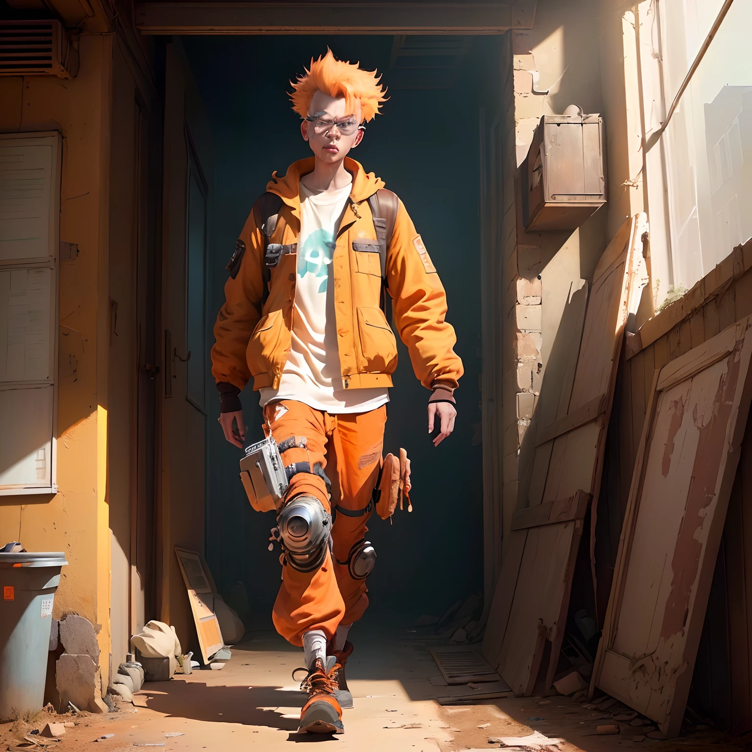 masterpiece, best quality, (extremely detailed CG unity 8k wallpaper), (best quality), (best illustration), (best shadow), High quality,by tooth wu, 1man,white skin, orange clothes, metal material,2D, Stereoscopic，rusty, next generation, worn out, transparent glass,European and American cartoon style, wasteland punk，digital art