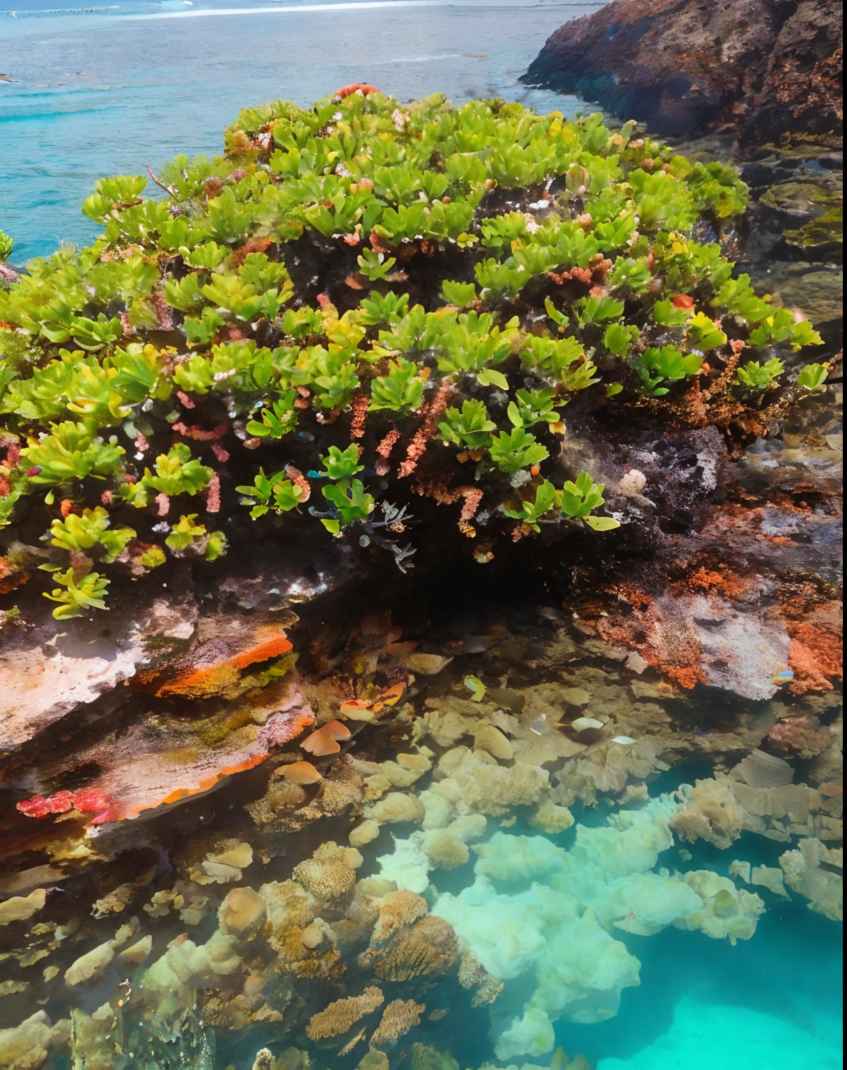 Blue-green water scene, with light coming in from above and clusters of coral reefs below
