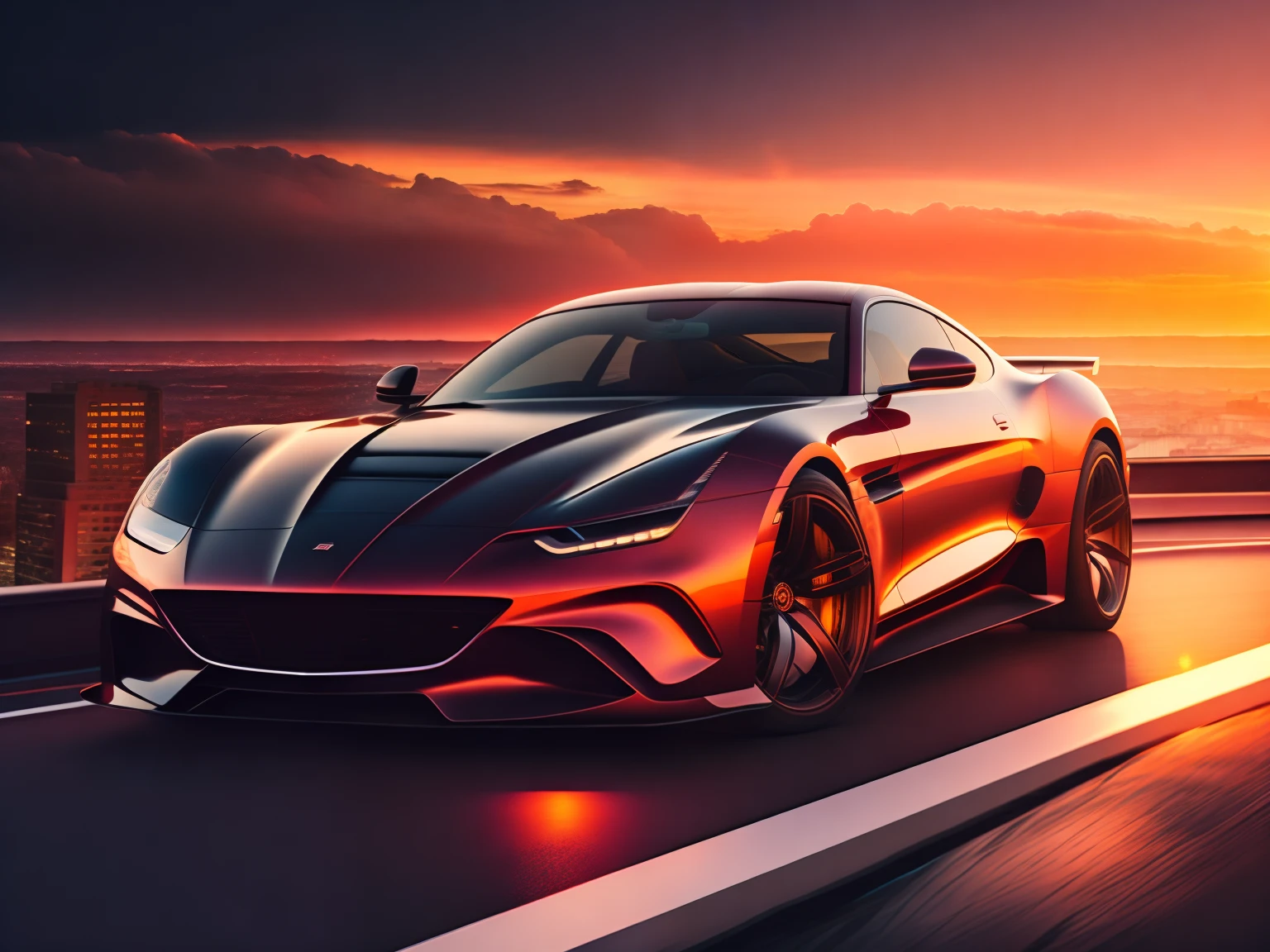 luxury car, sunset, view from roof, city lights in the background, road,1M