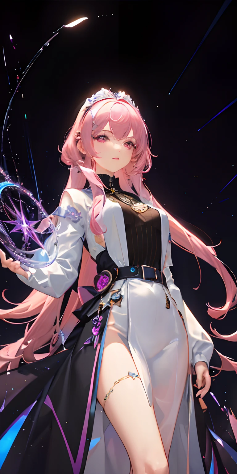 (Masterpiece, Best Quality, Ultra Detail, Best Shadow), White Background, (Beautiful Detail Face), High Contrast, (Best Lighting, Extremely Delicate and Beautiful), (Cinematic Light), Bright Colors, Hyperdetail, Intricate Detail, Standing Painting (1 Girl, Solo, Front, Pink Hair, Sharp Face, Princess Cut, Fluorescent Long Coat (Broken Glass), Workwear Costume, Red Eyes, Hair Between Eyes), Shimmer Swirling Around Character, Purple Light Particles, Magic Circle, Cyberpunk Style