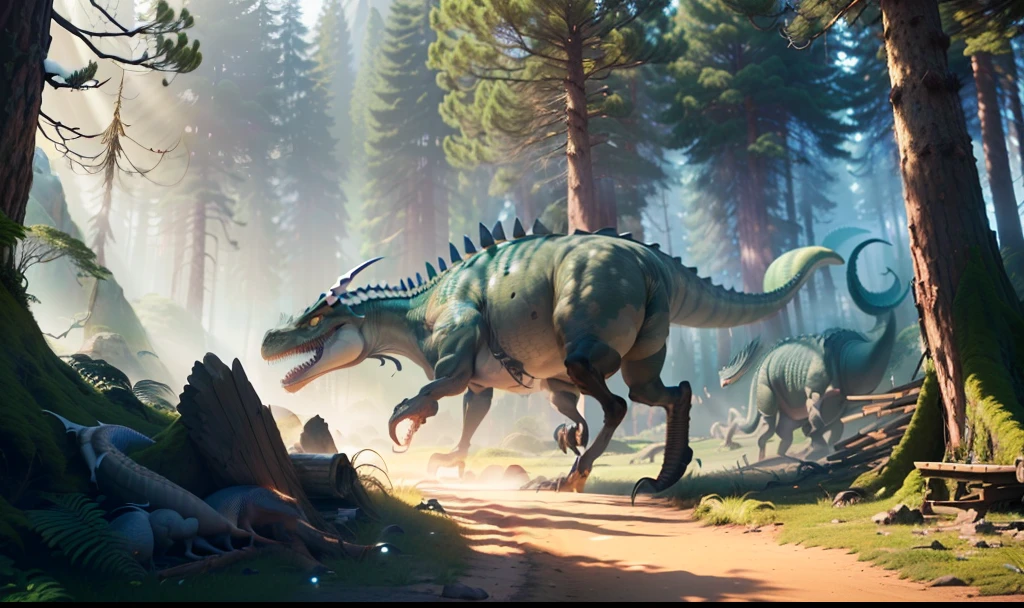 masterpiece, best quality, (extremely detailed CG unity 8k wallpaper), (best quality), (best illustration), (best shadow), PPrimitive times, barbaric times, dinosaur times, primitive hunting scenes, in the forest, the foreground is primitive people