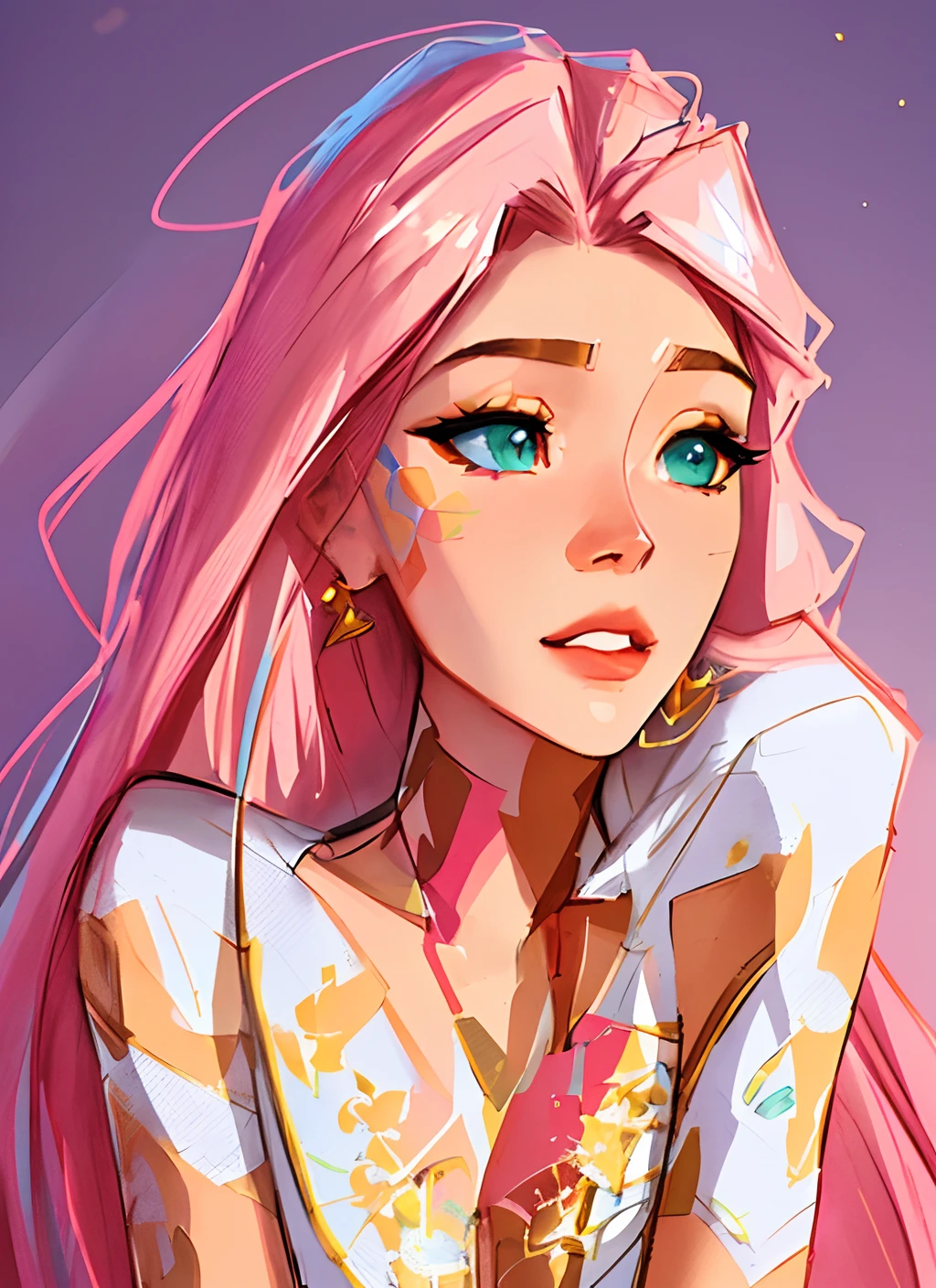 (symmetry:1.1) (portrait of floral:1.05) a woman as a beautiful goddess, (assassins creed style:0.8), pink and gold and opal color scheme, beautiful intricate filegrid facepaint, intricate, elegant, highly detailed, digital painting, (front, pink hair, princess cut),  artstation, concept art, smooth, sharp focus, illustration, art by greg rutkowski and alphonse mucha, 8k