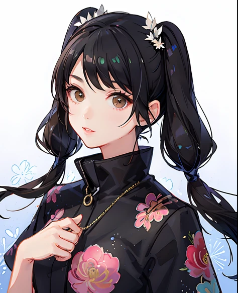 girl,full body,(detailed face:1.2), pure background,masterpiece, fashion,tokyo,harajuku,, medium hair, black hair, twintails, blunt bangs, brown eyes,
