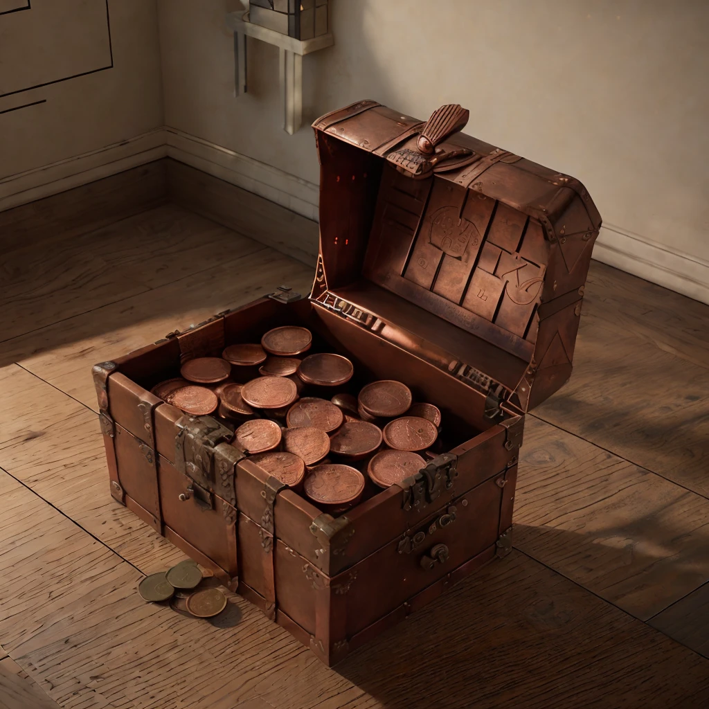 A treasure chest with copper metal patterns, copper coins scattered around, The light source is from right to left, Rembrandt Lighting, The light source is from right to left,(isometric view),(top-down), Realistic scale, Post processing,((Orthogonal Perspective)),ultra-detailed, realistic , hyper-realistic, lifelike render