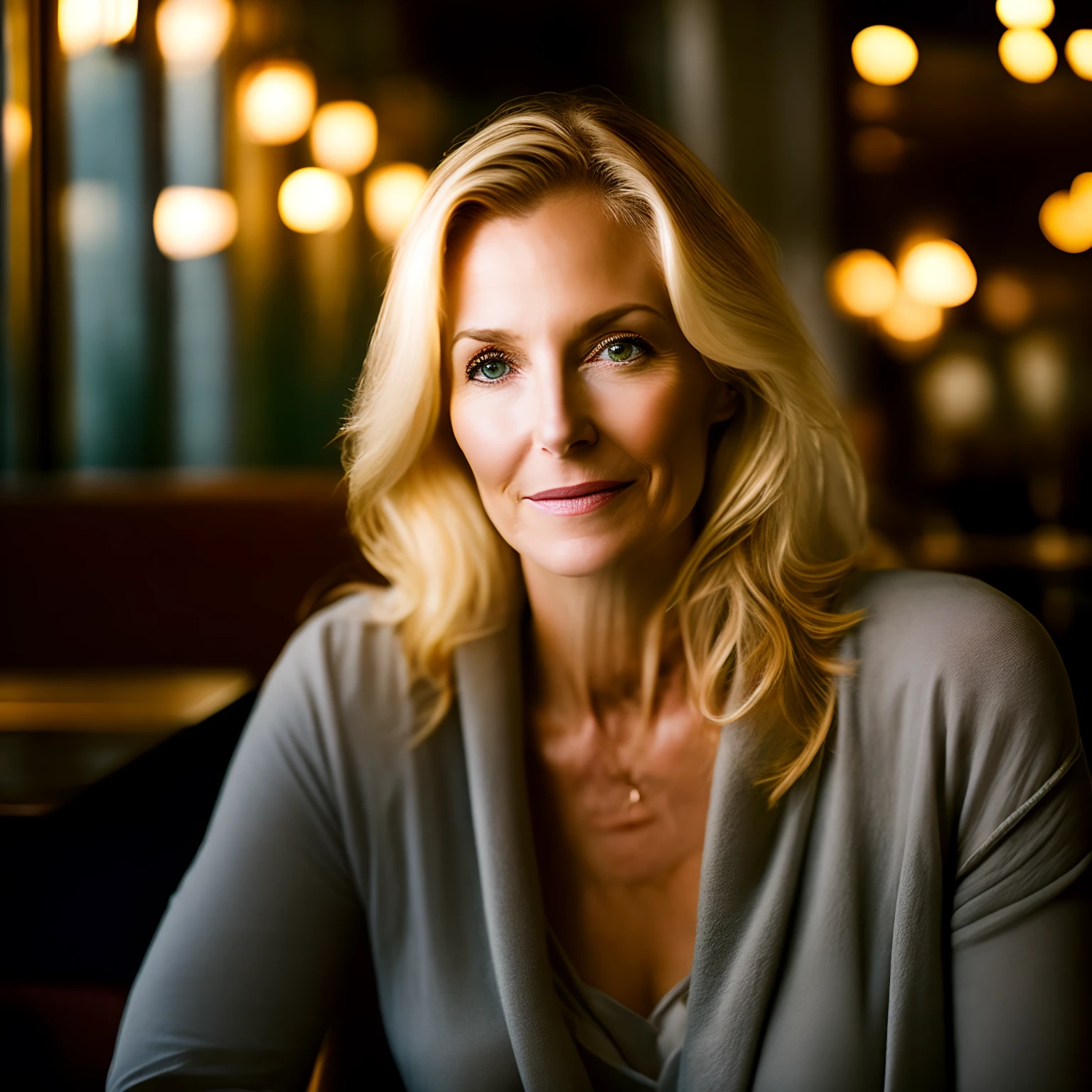 portrait of a 40 year old blonde woman in a restaurant, clear facial features, Cinematic, 35mm lens, f/1.8, accent lighting, global illumination