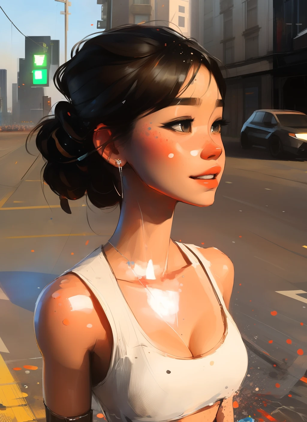 samdoesarts; award winning half body portrait of a beautiful woman in a croptop and cargo pants, military boots, standing on the street faint smile, paint splashes, hair in a bun, splatter, outrun, vaporware, digital art, trending on artstation, highly detailed, fine detail, intricate, seafront ,seaside