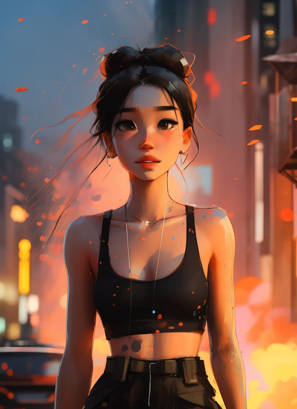 samdoesarts; award winning half body portrait of a beautiful woman in a croptop and cargo pants, military boots, standing on the street faint smile,  paint splashes, hair in a bun, splatter, outrun, vaporware,  digital art, trending on artstation, highly detailed, fine detail, intricate， seafront ，seaside