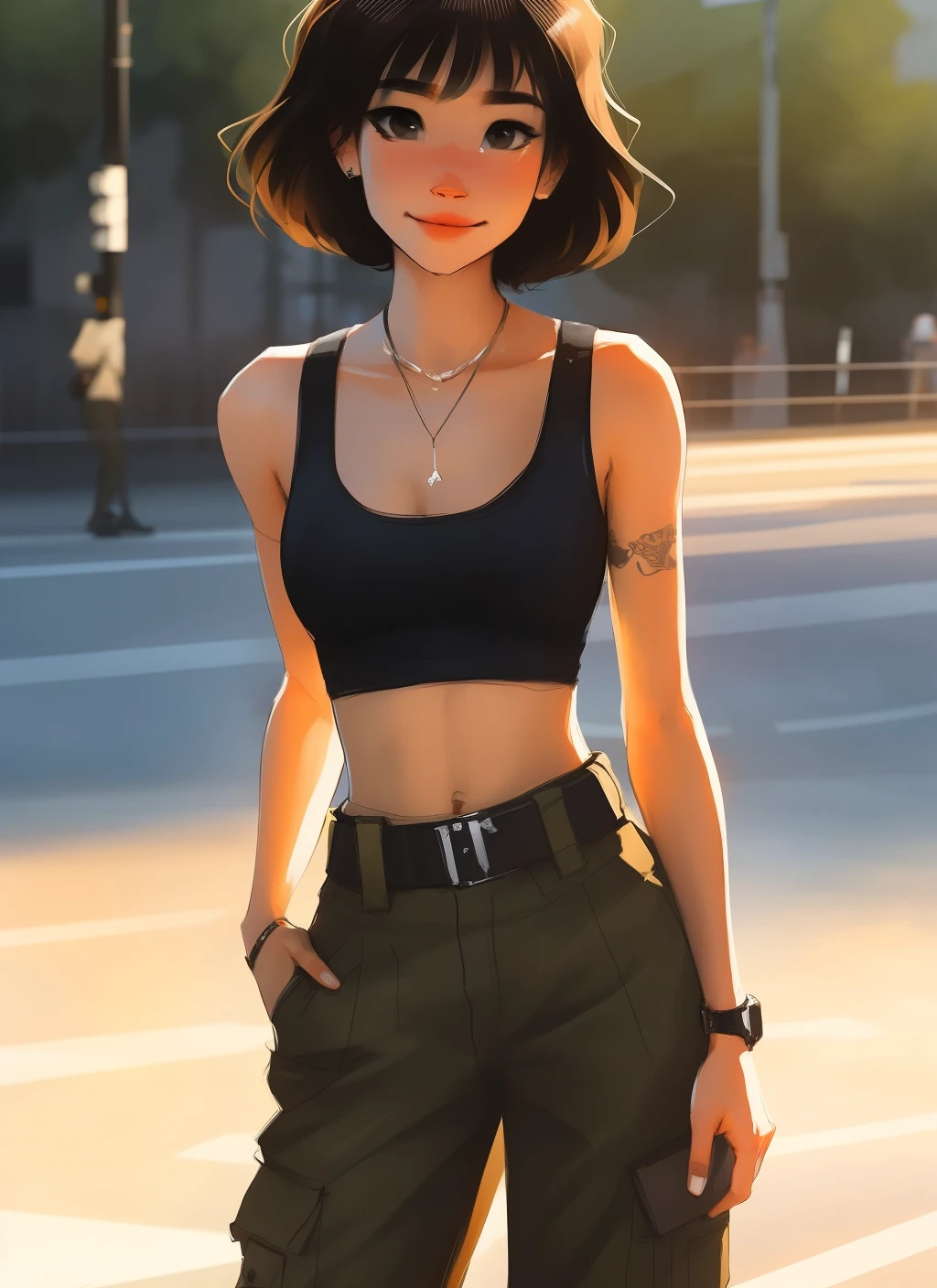 samdoesarts; award winning half body portrait of a beautiful woman in a croptop and cargo pants, military boots, standing on the street faint smile,  