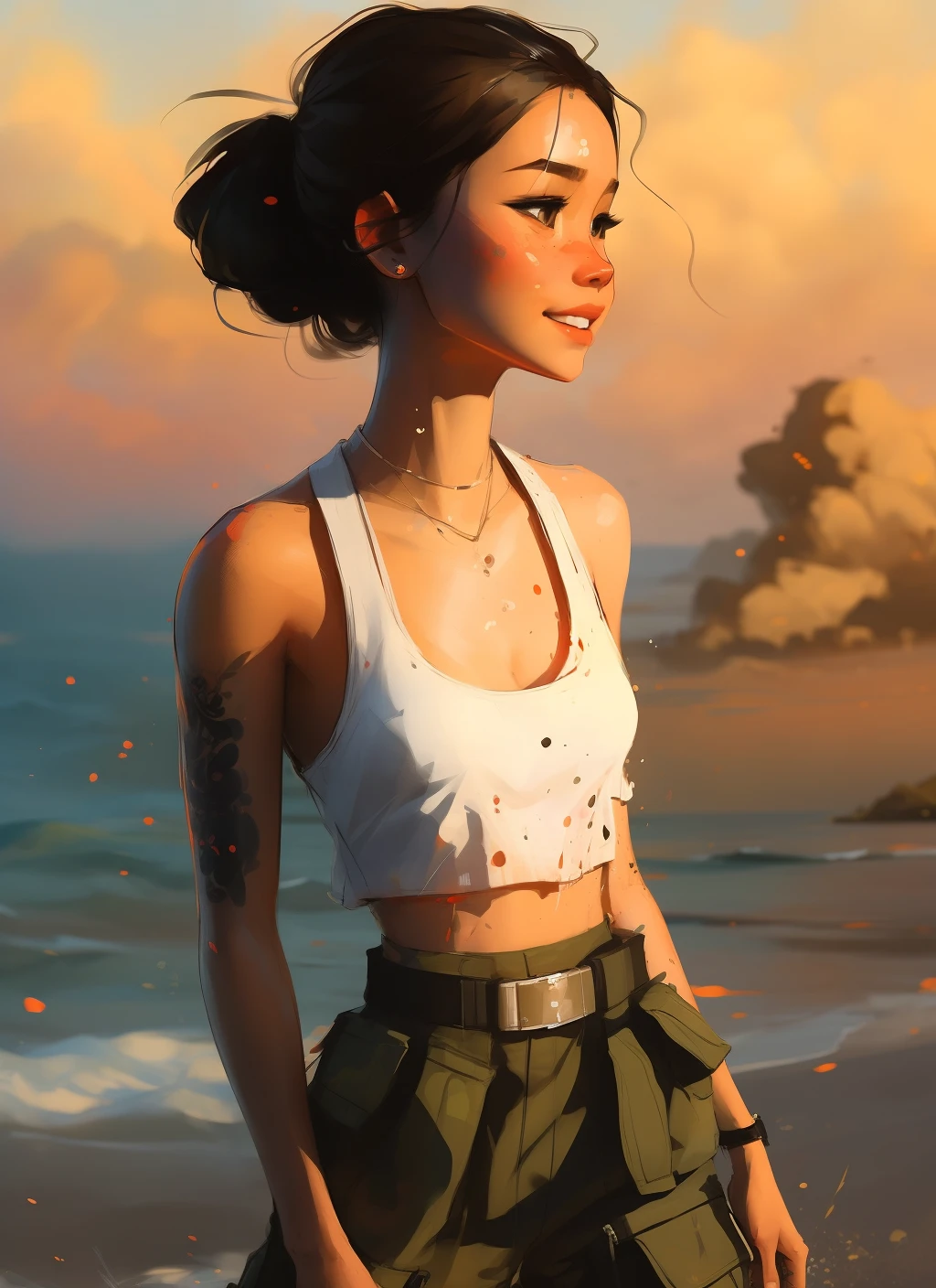 samdoesarts; award winning half body portrait of a beautiful woman in a croptop and cargo pants, military boots, standing on the seaside faint smile, paint splashes, hair in a bun, splatter, outrun, vaporware, digital art, trending on artstation, highly detailed, fine detail, intricate 