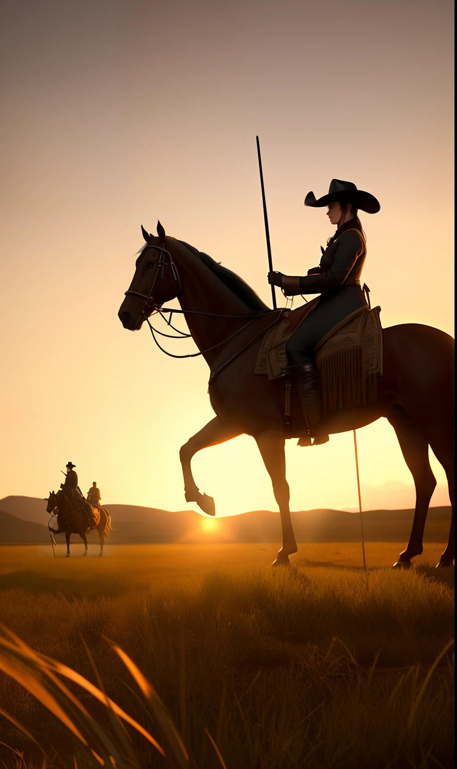 oil painting, 19th century cowboy, octane render, unreal engine 5, 8K, atmospheric lighting, intricate, detailed, art by Frederic Remington, by HW Hansen, by Charles Marion Russell, by William Herbert Dunton,High grass at dusk,The girl stood beside the horse