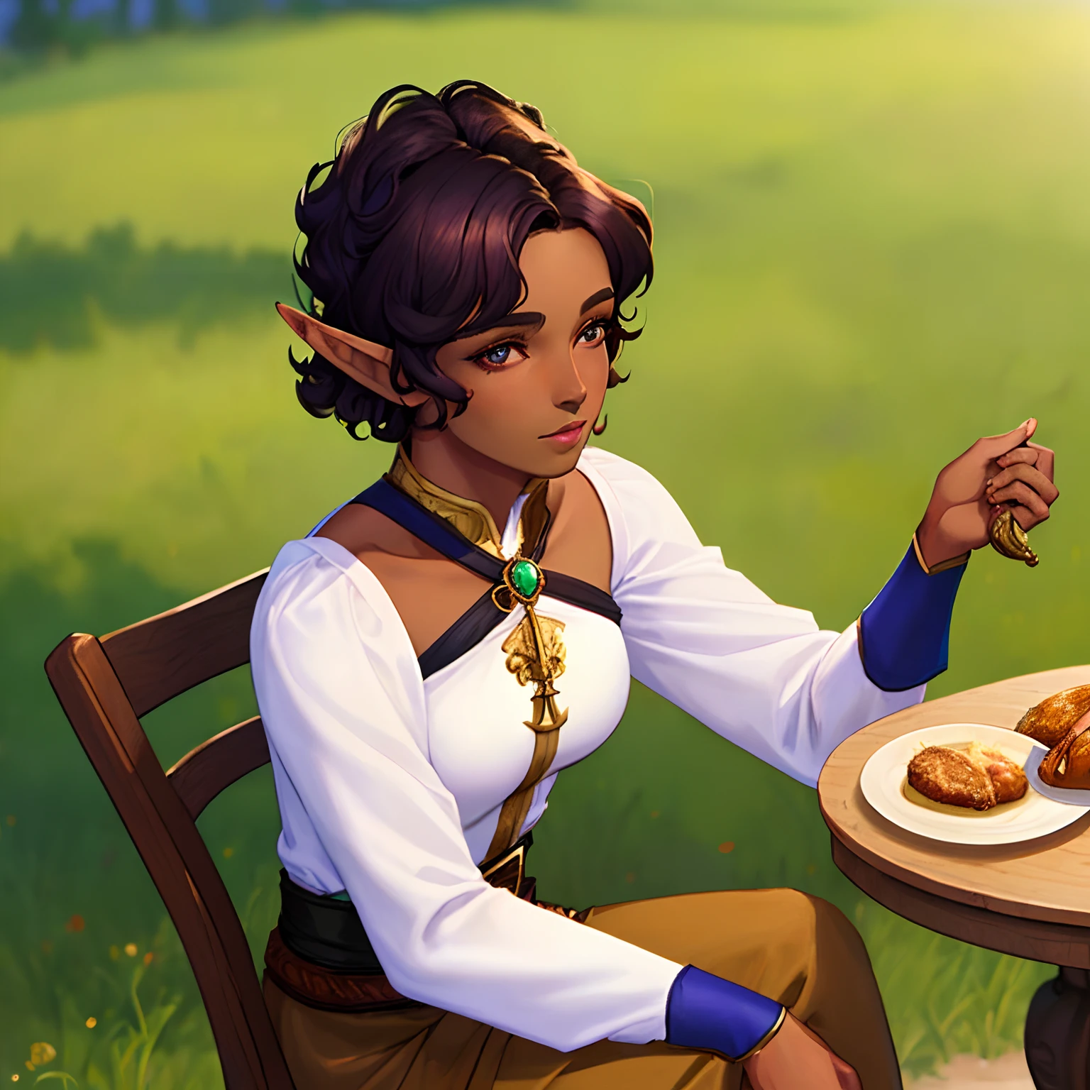 ((masterpiece, best quality)), (1girl), ((mature female)), small breast, black very short curl hair, elf, Realistic full body portrait, brave, Archer, DND style, black skin, black people, dark skin. sitting in front of a table.