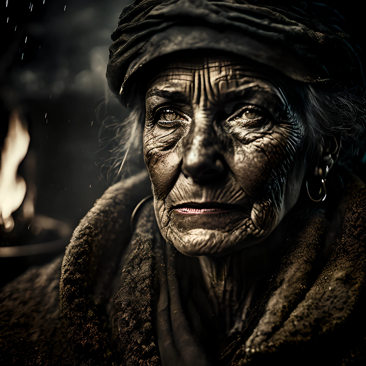 macro crisp quality, wet plate photograph close up of black factory femal worker in Victorian era boiler room, rough skin, sad eyes, sparkles, age 64, coal dust in the air, unreal engine, UE5, cinematic, very detailed, sony A7iii, 85mm prime, f/1.8, octane render + hyper realistic, Photograph