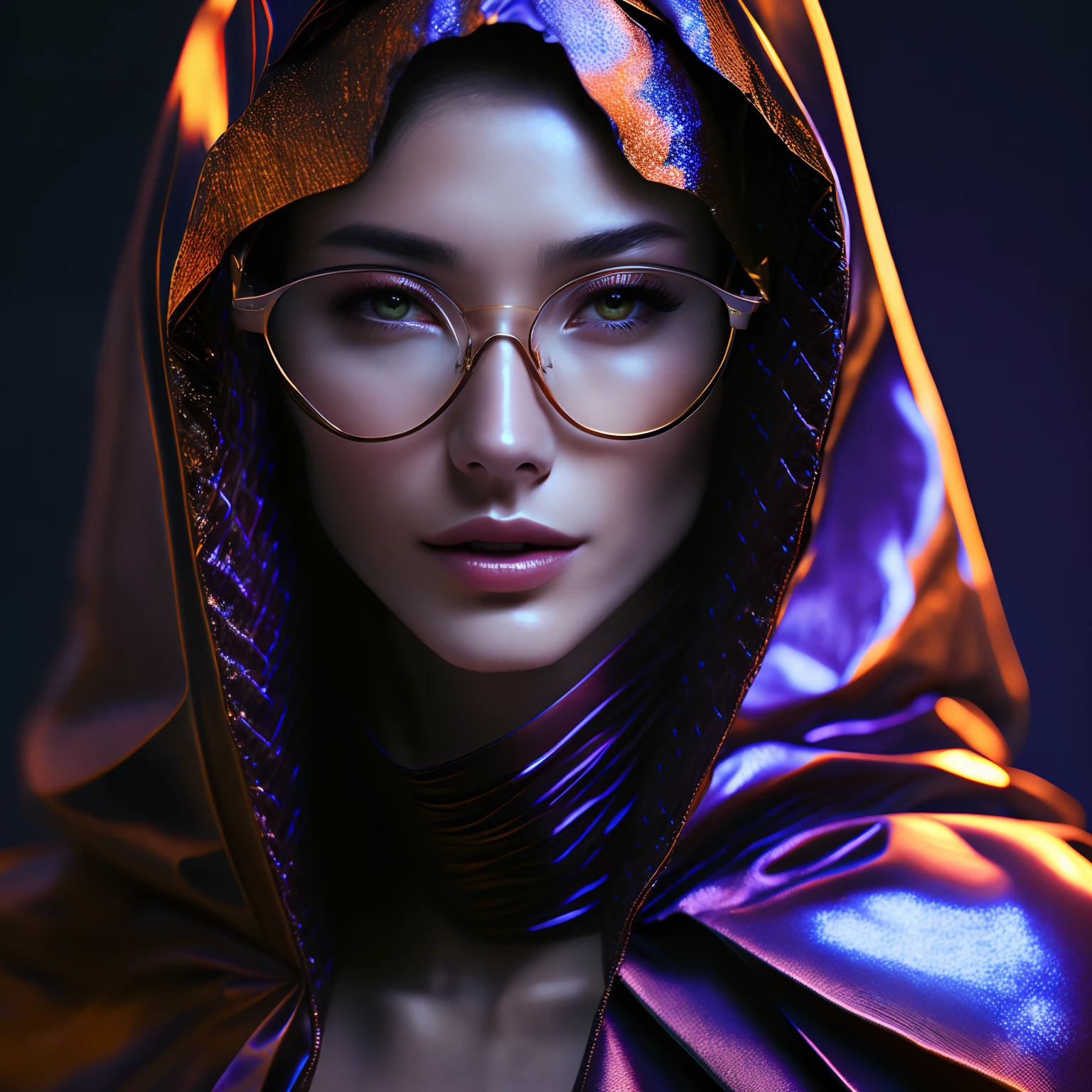 metal pattern（（bright）），(((upper body silk gorgeous cloth))), ((glossy skin)),(((hood is fabric))) ，((cloth shawl))，((young)), ((wearing glasses))，Leather bodysuit, backless, stockings，(pretty face)（nun），global illumination, backlighting, bloom, ((cold light)), sharp focus, photo realistic, detailed skin, background out of focus , cinematic composition , ultra-detailed, realistic , hyper-realistic , volumetric lighting, 8k, trending on artstation, photorealistic painting art by midjourney and greg rutkowskimodern style,8K,Intricate details, ultra-realistic images,octane render，highly detailed, sharp focus,fantasy, global illumination, cold light, photo realistic, background out of focus, cinematic composition , ultra-detailed, realistic , hyper-realistic , volumetric lighting, 8k, trending on artstation