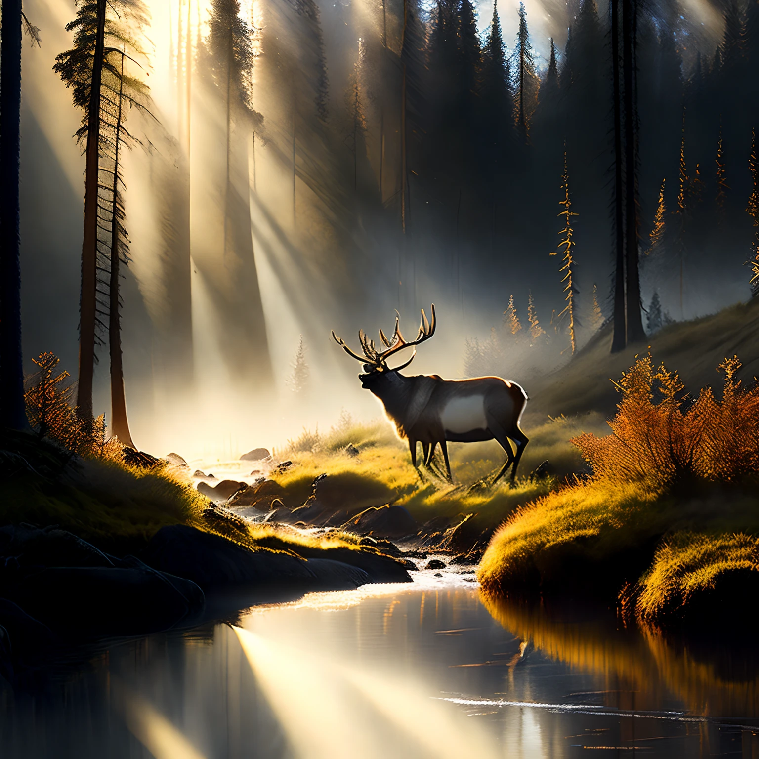 Morning sunlight, dense virgin forests, reindeer, streams, moist air, large fog effect, eye close-up