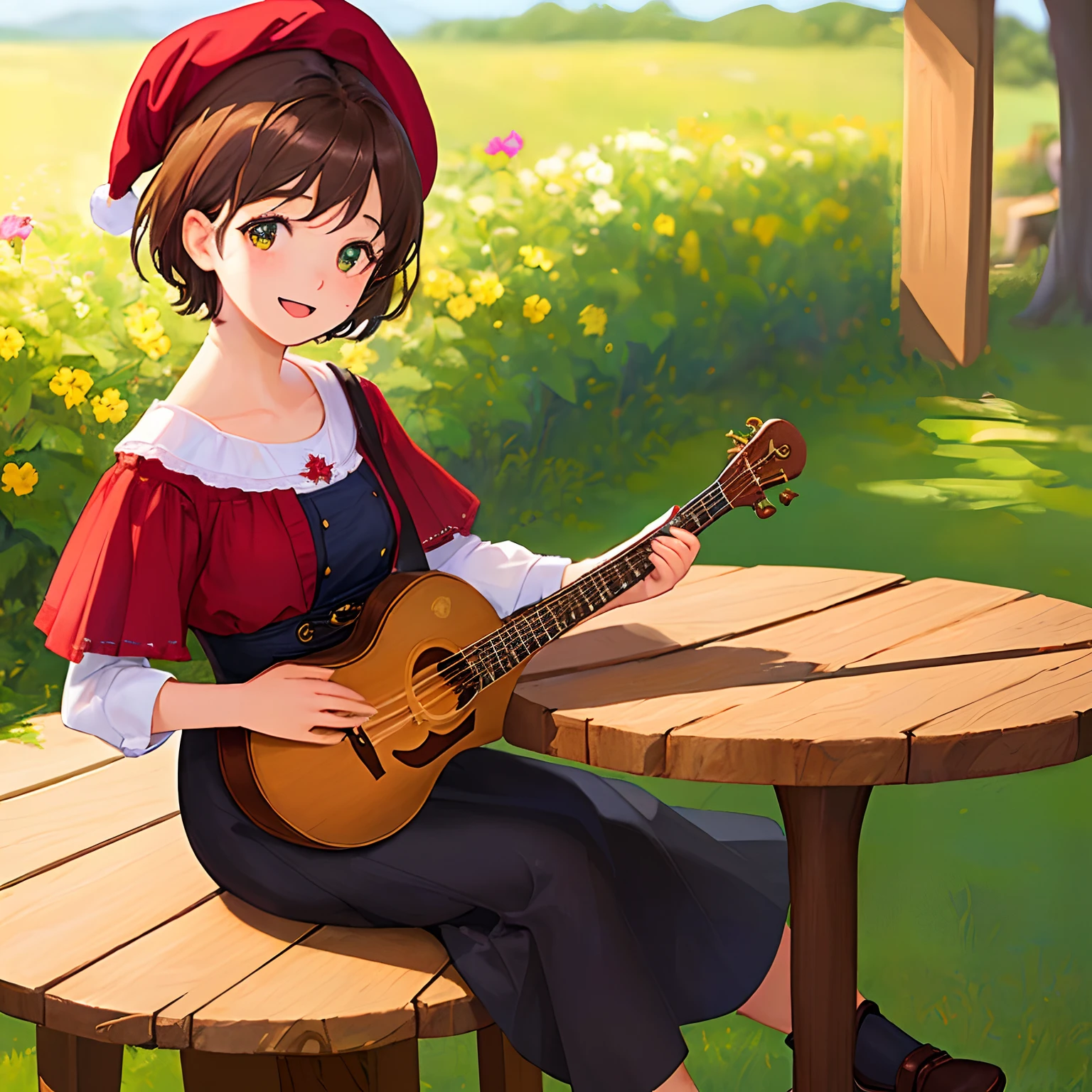 ((masterpiece, best quality)), (1girl), small breast, black short hair, a 6 years old girl playing music with string instrument, sitting in front of a table in a cozy tavern with red pointy hat, Realistic full body portrait, happy, joyful, freckles on her face