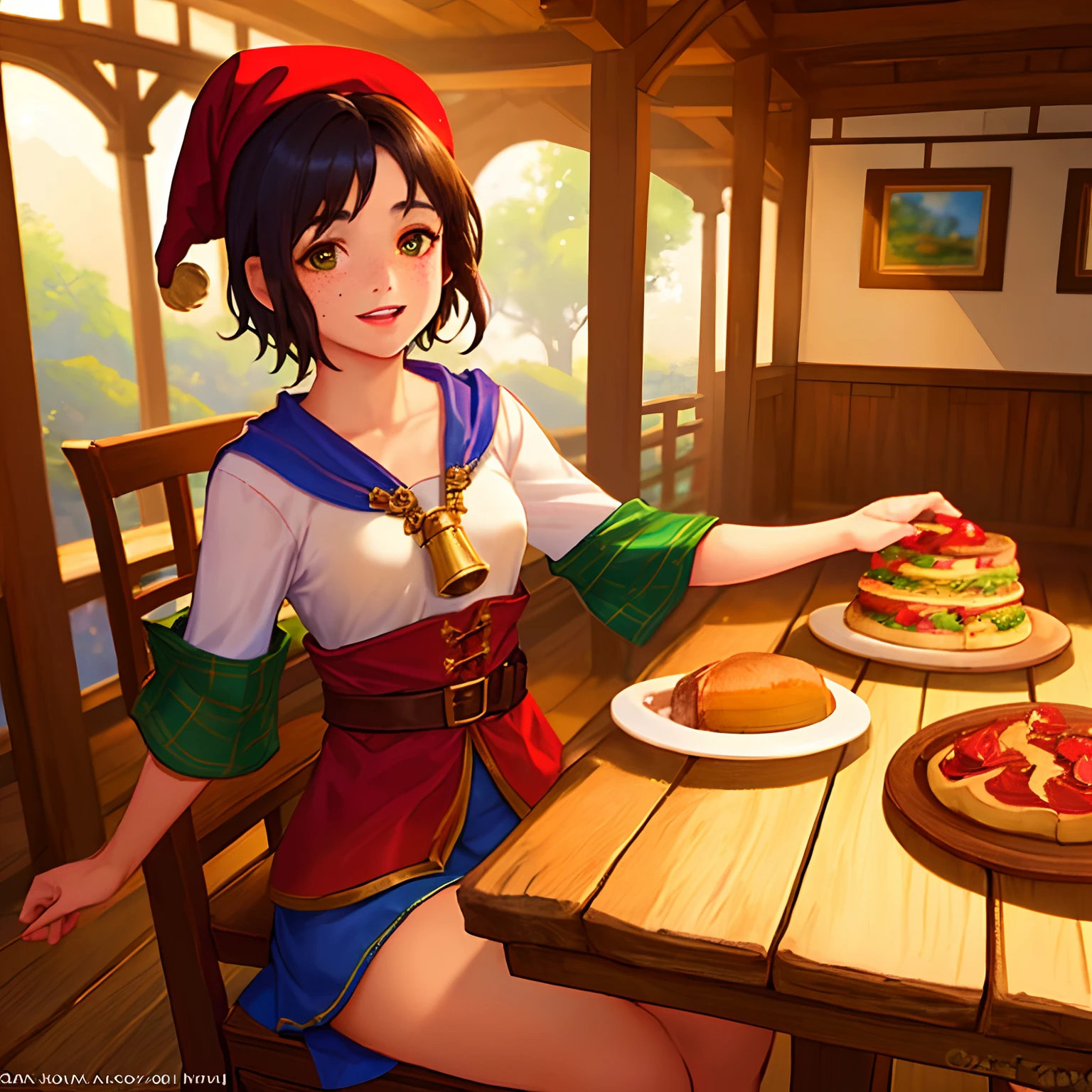 ((masterpiece, best quality)), (1girl), small breast, black short hair, DND Gnome girl, Realistic full body portrait, happy, joyful, freckles on her face, , playing music with lute, sitting in front of a table in a cozy tavern wearing red pointy hat.
