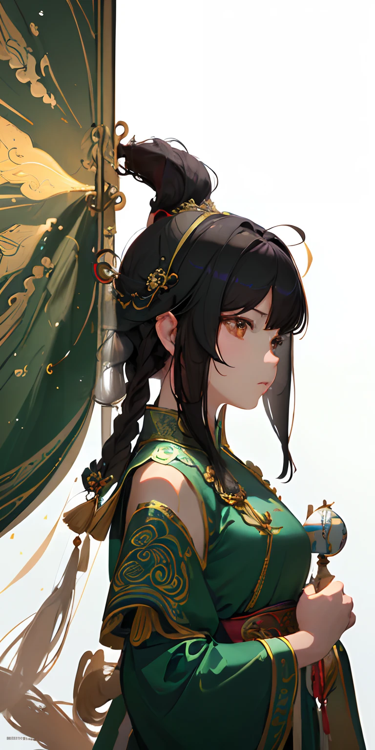 (Masterpiece, Best Quality, Ultra Detail, Best Shadow), (White Background), (Detail Face), High Contrast, (Best Lighting, Extremely Delicate and Beautiful), (Cinematic Light)), Bright Colors, Hyperdetail, Intricate Detail, Standing Painting (guan yu, Solo, Front, Vicissitudes Face), Shimmer Swirling Around Character, green Light Particles,