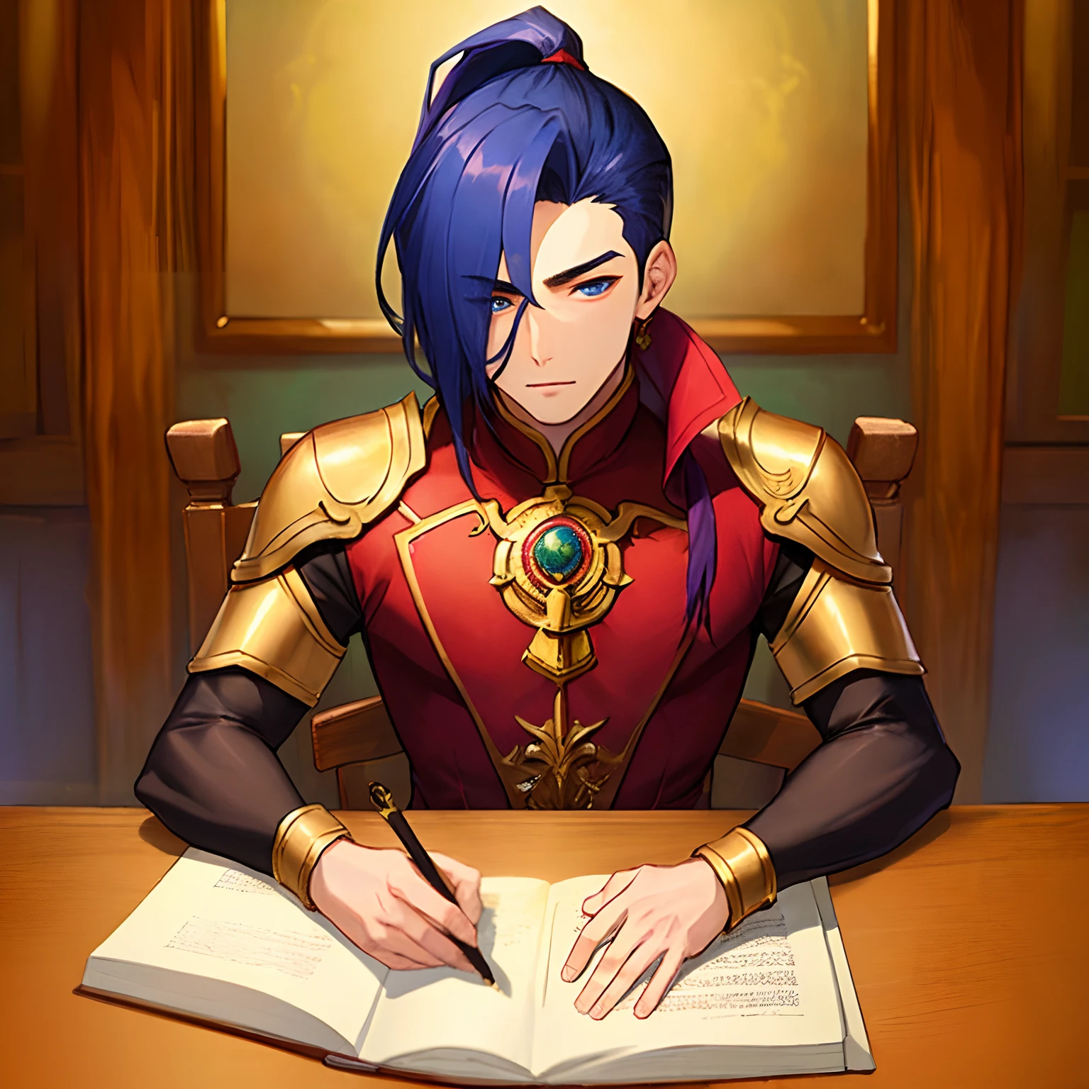 ((masterpiece, best quality)), dungeon master, Young Male, sitting infront of a table, Asian, small eyes, mask, upper body, slicked back hair.