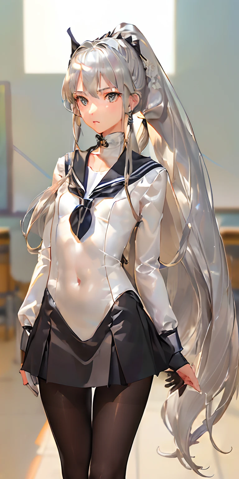 (((1 girls))),ray tracing, (bright light), [realistic] ((detailedbackground(classroom))),(((silver hair)), (((A long  silver-hair,  small chest and slender girls with a high ponytail have ))) are  in the classroom, averting their blonde eyes, ((girl wear  Sailor suit with black pantyhose )),  beauties,correct limbs