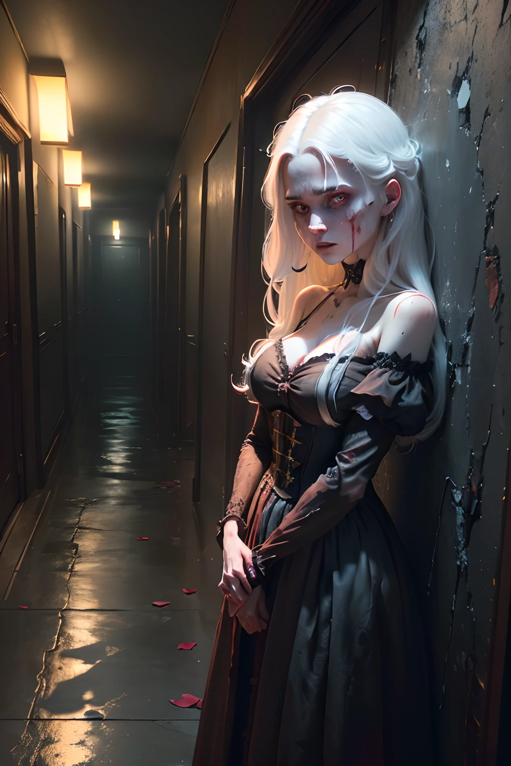 masterpiece, best quality, (extremely detailed CG unity 8k wallpaper), (best quality), (best illustration), (best shadow), Night, Moonlight, a zombie with long white hair, all over, in a narrow corridor, dark and humid, deep shadows, mottled walls, bloody terror, a murderous atmosphere, broken bodies, exposed viscera, photo level, writing realistic light and shadow, depth of field, HDR 8K, true light, cinematic stills, horror movies