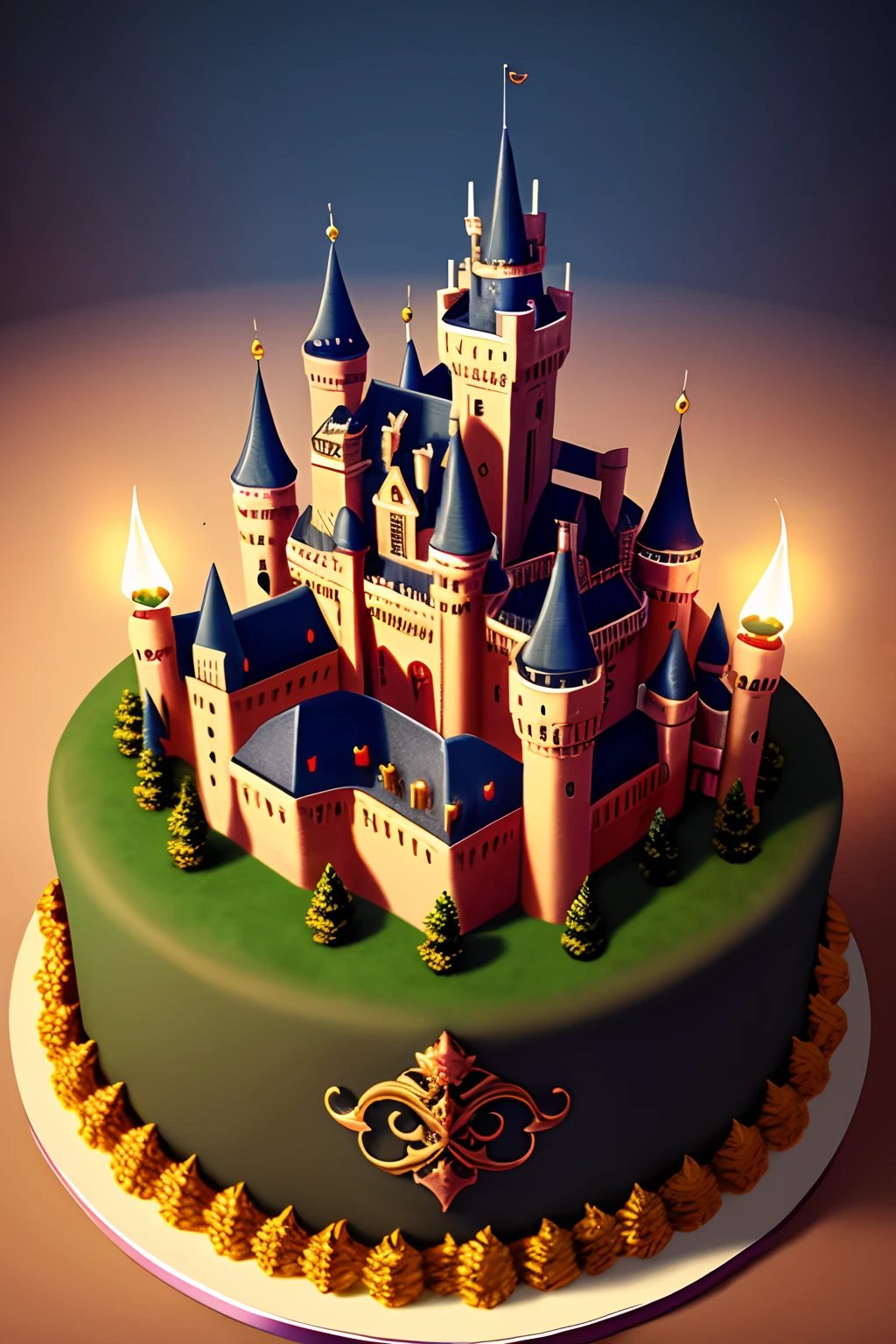 Top view, isometric view, there is a Gothic castle on the anniversary cake, there is a candle on the top of the castle, fireworks, festive atmosphere, realistic, super realistic, 8k，global illumination，trending on artstation，volumetric lighting 