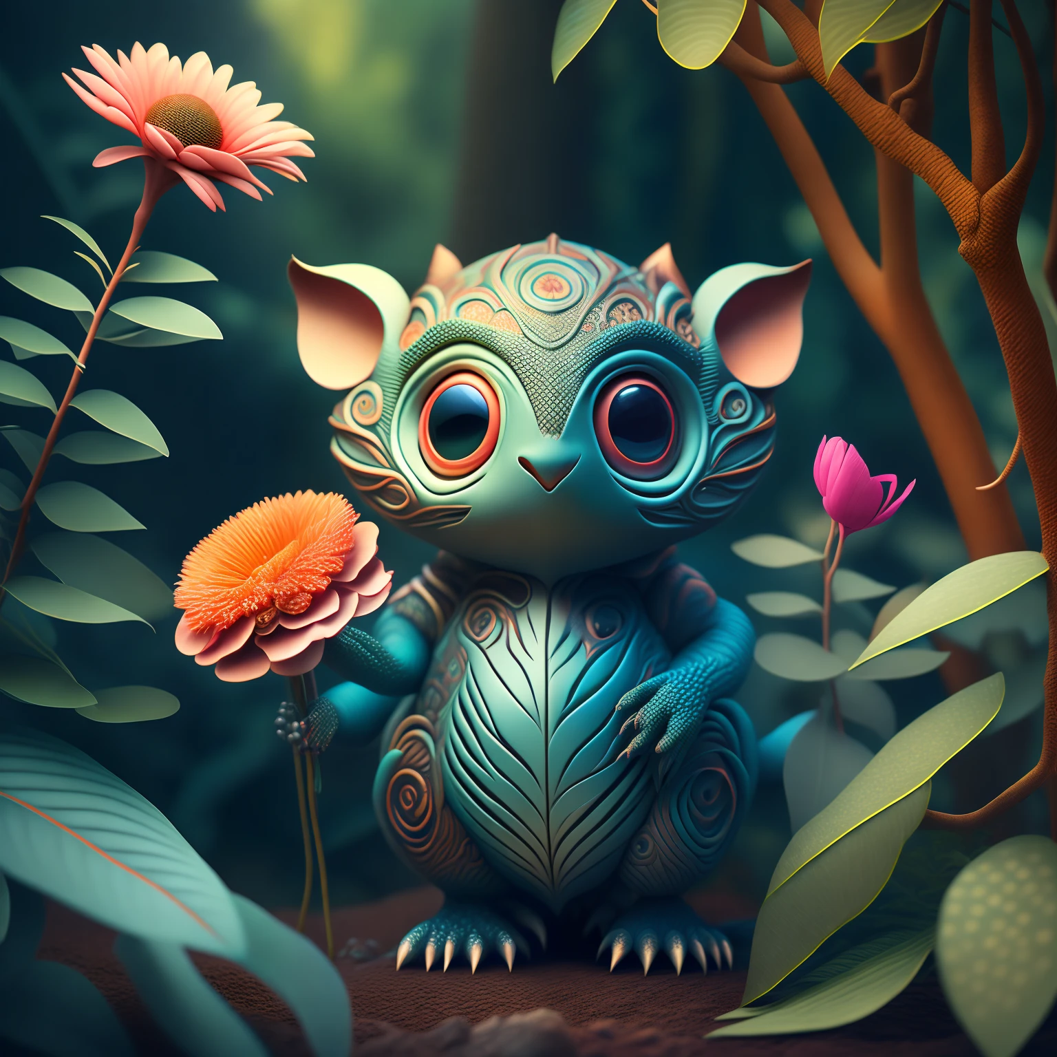 "Extremely Ultrarealistic Photorealistic cute creature holding a flower in a vast jungle, by James Jean and Android Jones: Jeff Koons: Erin Hanson: Joe Fenton: Dan Mumford: professional photography, natural lighting, volumetric lighting maximalist photoillustration 8k resolution concept art intricately detailed, complex, elegant, expansive, fantastical:"