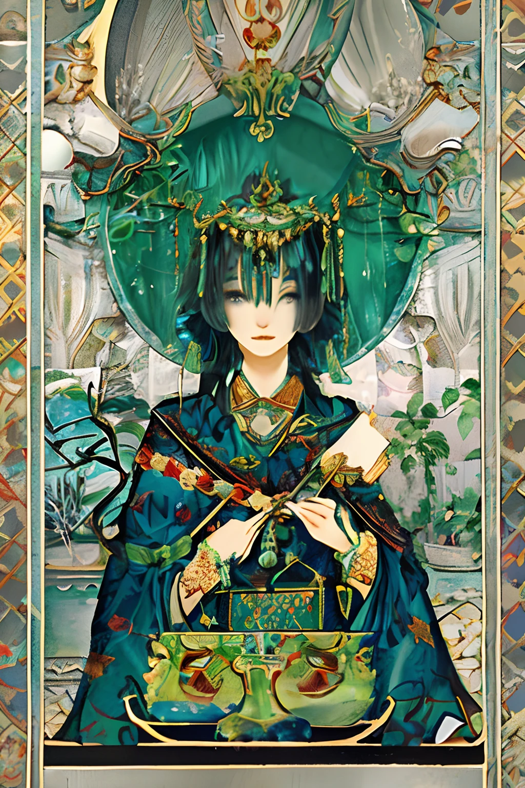 shukezouma, plants, temple, negative space, shuimobysim, (Minimalism:1) , blue and Green ink, <lora:shuimobysimV3:0.9> <lora:shu:1>