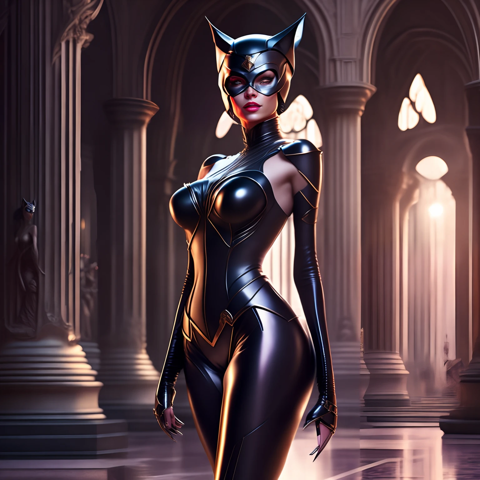 Catwoman, noble, plump body, side lighting, delicate and beautiful facial art, high detail, backdrop grand architecture, slender legs, high heels, 8k.