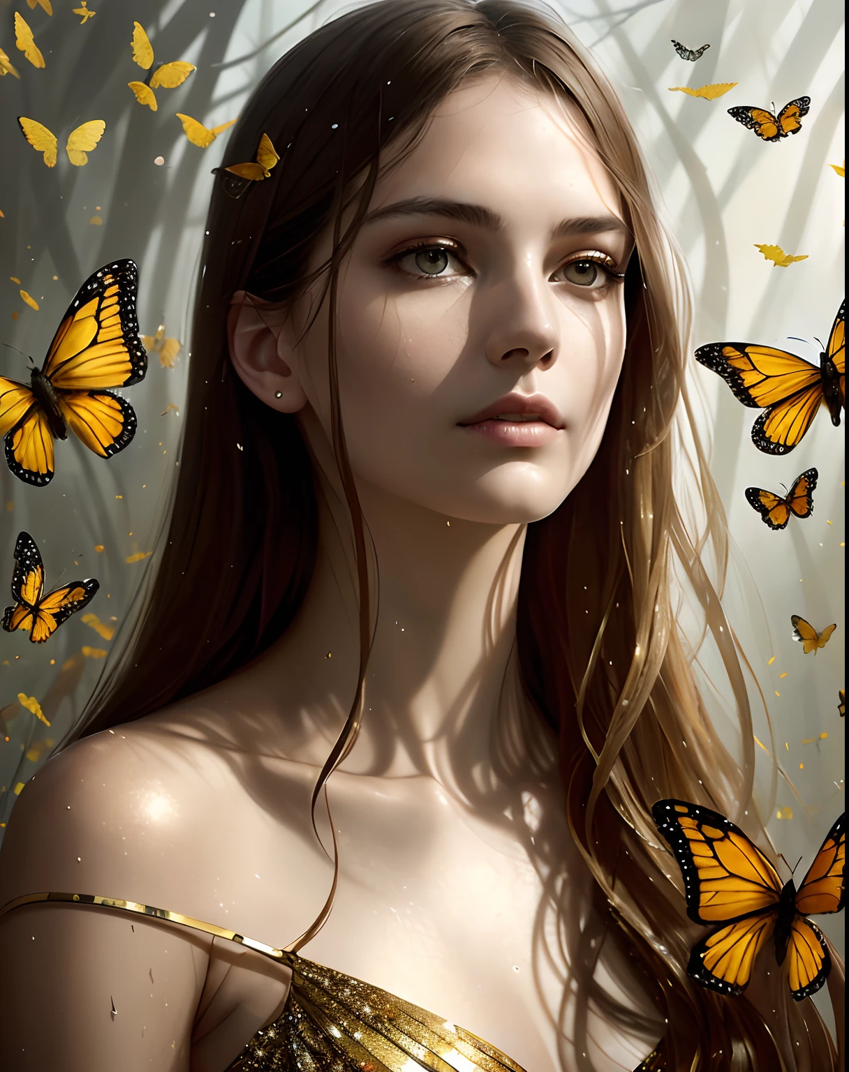 The image, a Style-Empire Style digital photography piece, shows a stunning, slender young woman with brown hair against a backdrop of golden butterflies and shards of glass. Every detail in the photo is very precise, creating an elegant, majestic atmosphere. This photo is a surreal wet oil painting by artgerm ruan jia and greg rutkowski, with highly detailed and gorgeous artistic effects. The composition of the work is very beautiful, showing a mixture of realistic and surreal mystery.